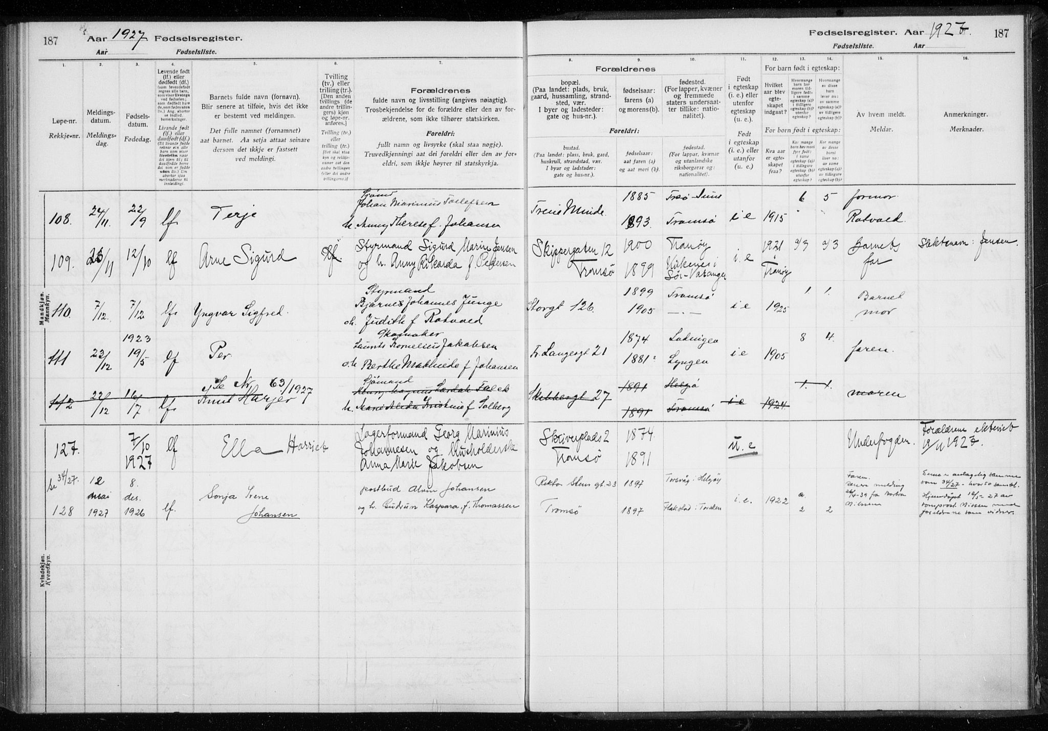 Tromsø sokneprestkontor/stiftsprosti/domprosti, AV/SATØ-S-1343/H/Ha/L0132: Fødselsregister nr. 132, 1921-1927, s. 187