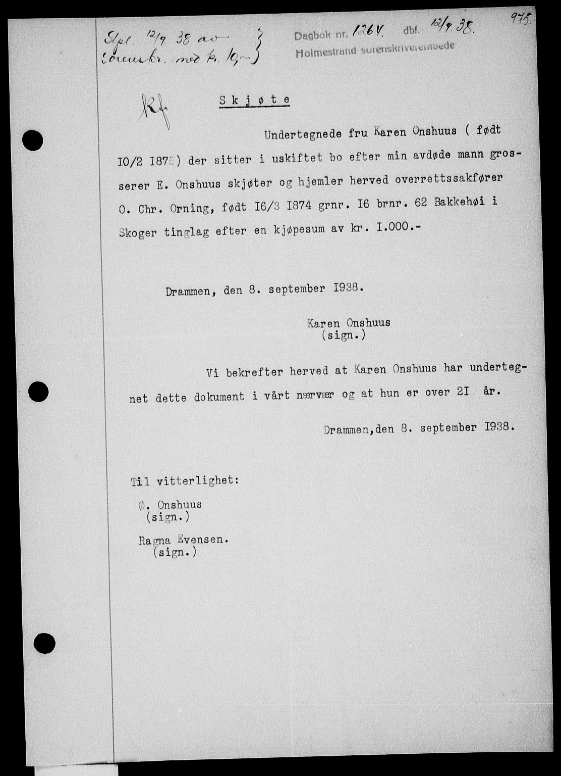 Holmestrand sorenskriveri, SAKO/A-67/G/Ga/Gaa/L0049: Pantebok nr. A-49, 1937-1938, Dagboknr: 1264/1938
