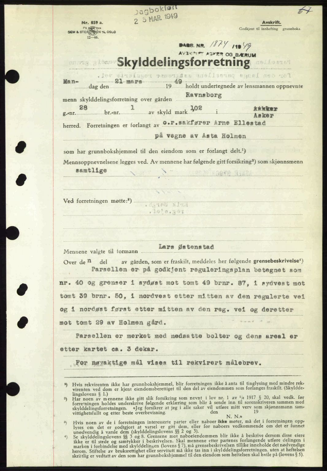 Asker og Bærum sorenskriveri, AV/SAO-A-10379a/G/Gb/Gba/L0005: Pantebok nr. A91, 1949-1949, Dagboknr: 1874/1949