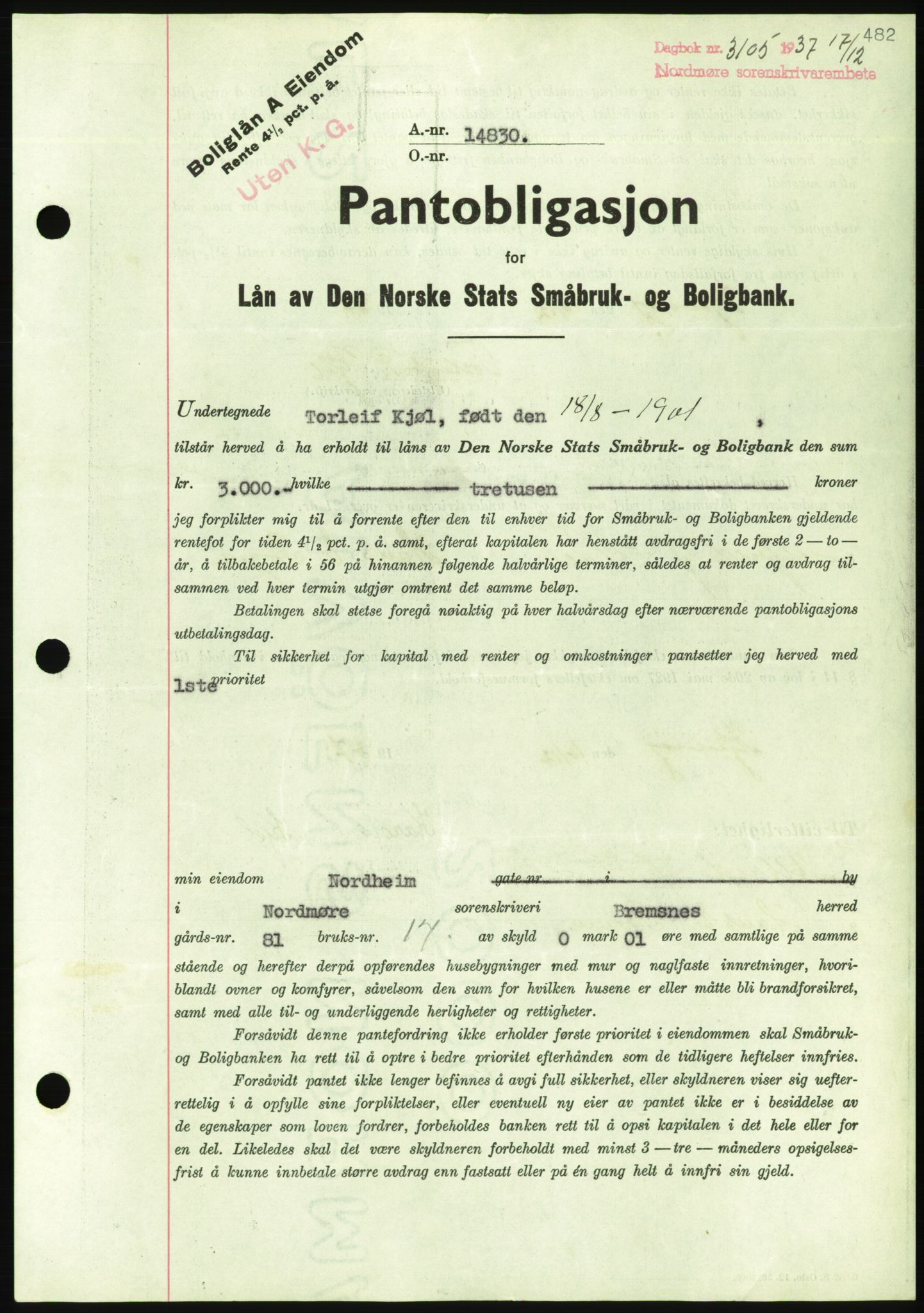 Nordmøre sorenskriveri, AV/SAT-A-4132/1/2/2Ca/L0092: Pantebok nr. B82, 1937-1938, Dagboknr: 3105/1937