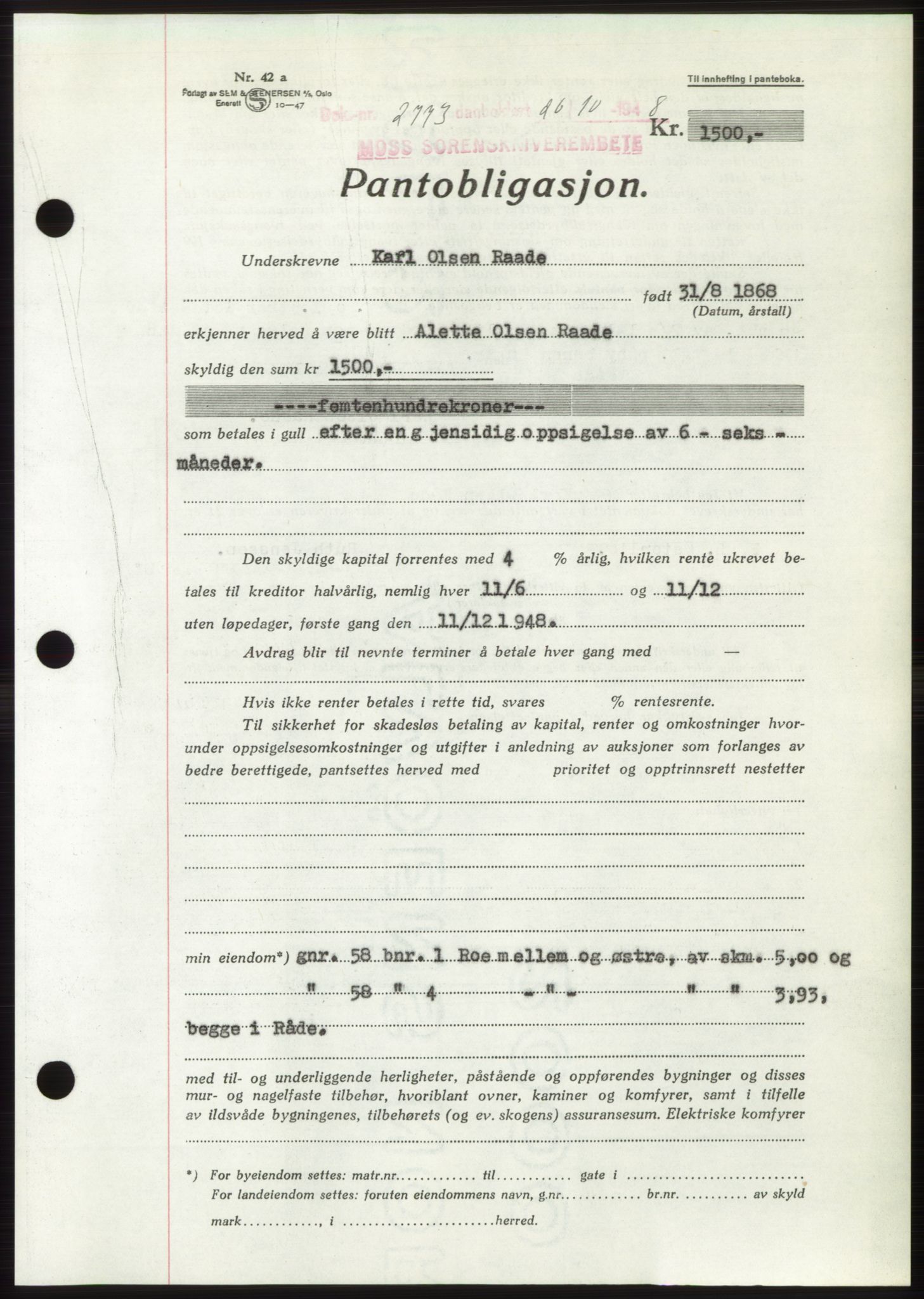 Moss sorenskriveri, AV/SAO-A-10168: Pantebok nr. B20, 1948-1948, Dagboknr: 2773/1948