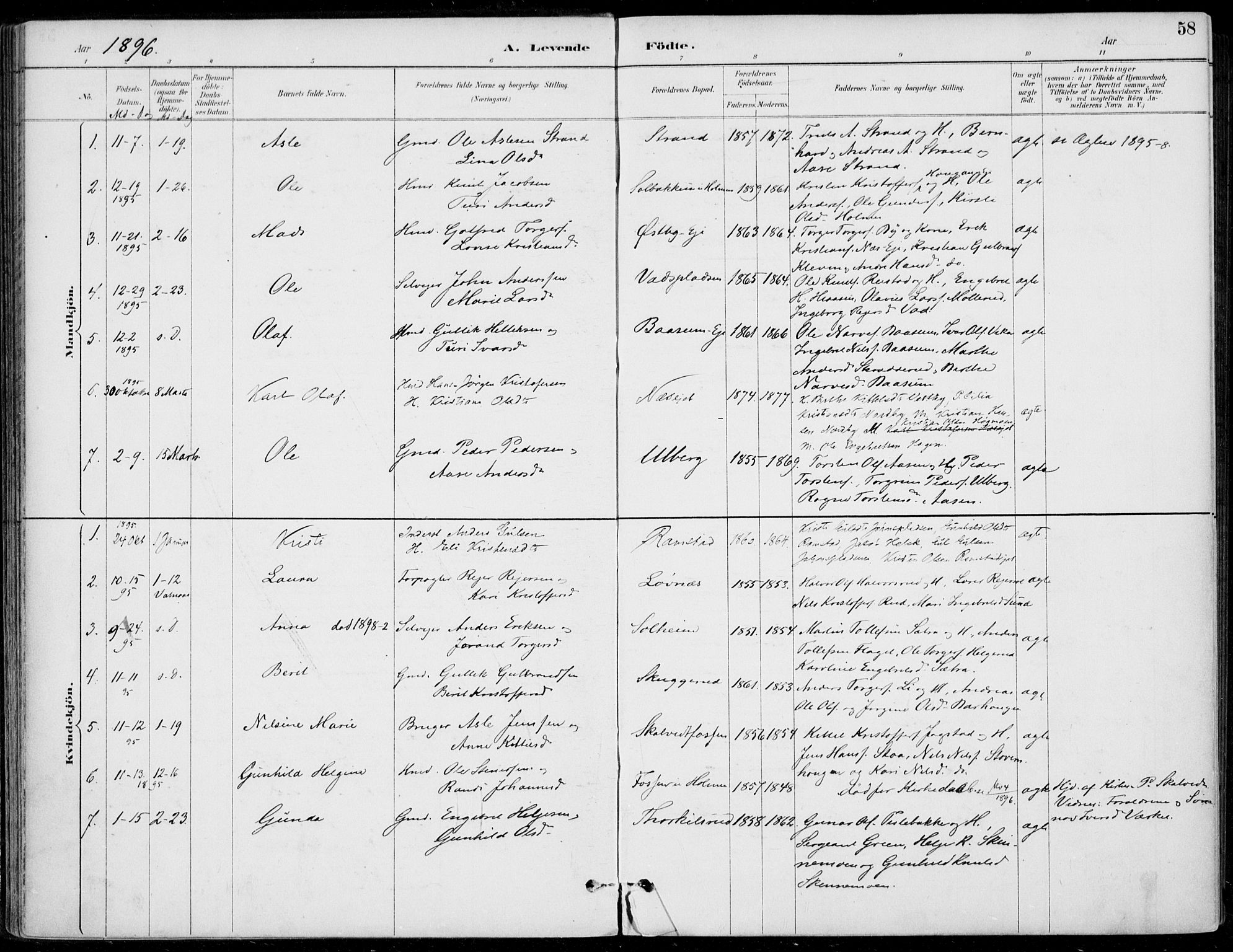 Sigdal kirkebøker, AV/SAKO-A-245/F/Fb/L0001: Ministerialbok nr. II 1, 1888-1900, s. 58