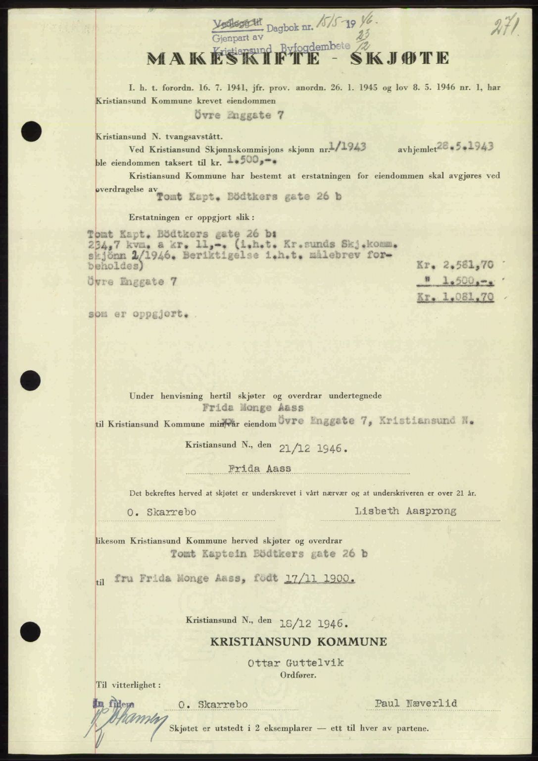 Kristiansund byfogd, SAT/A-4587/A/27: Pantebok nr. 39b, 1946-1947, Dagboknr: 1515/1946