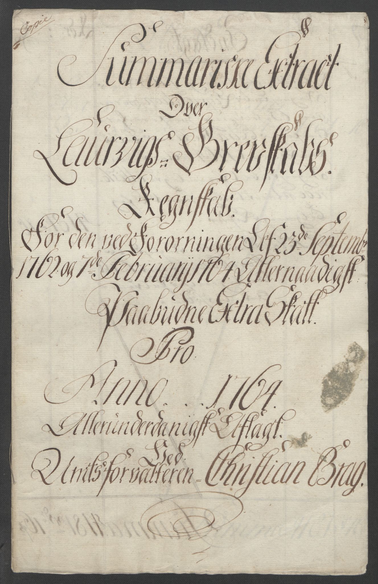 Rentekammeret inntil 1814, Reviderte regnskaper, Fogderegnskap, AV/RA-EA-4092/R33/L2033: Ekstraskatten Larvik grevskap, 1762-1764, s. 408