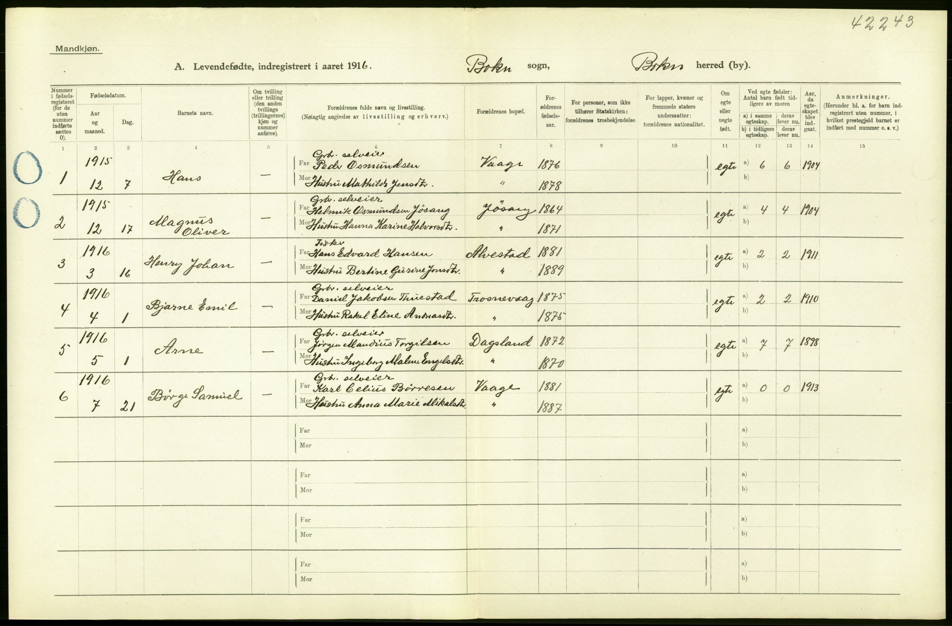 Statistisk sentralbyrå, Sosiodemografiske emner, Befolkning, AV/RA-S-2228/D/Df/Dfb/Dfbf/L0029: Stavanger amt: Levendefødte menn og kvinner. Bygder., 1916, s. 30