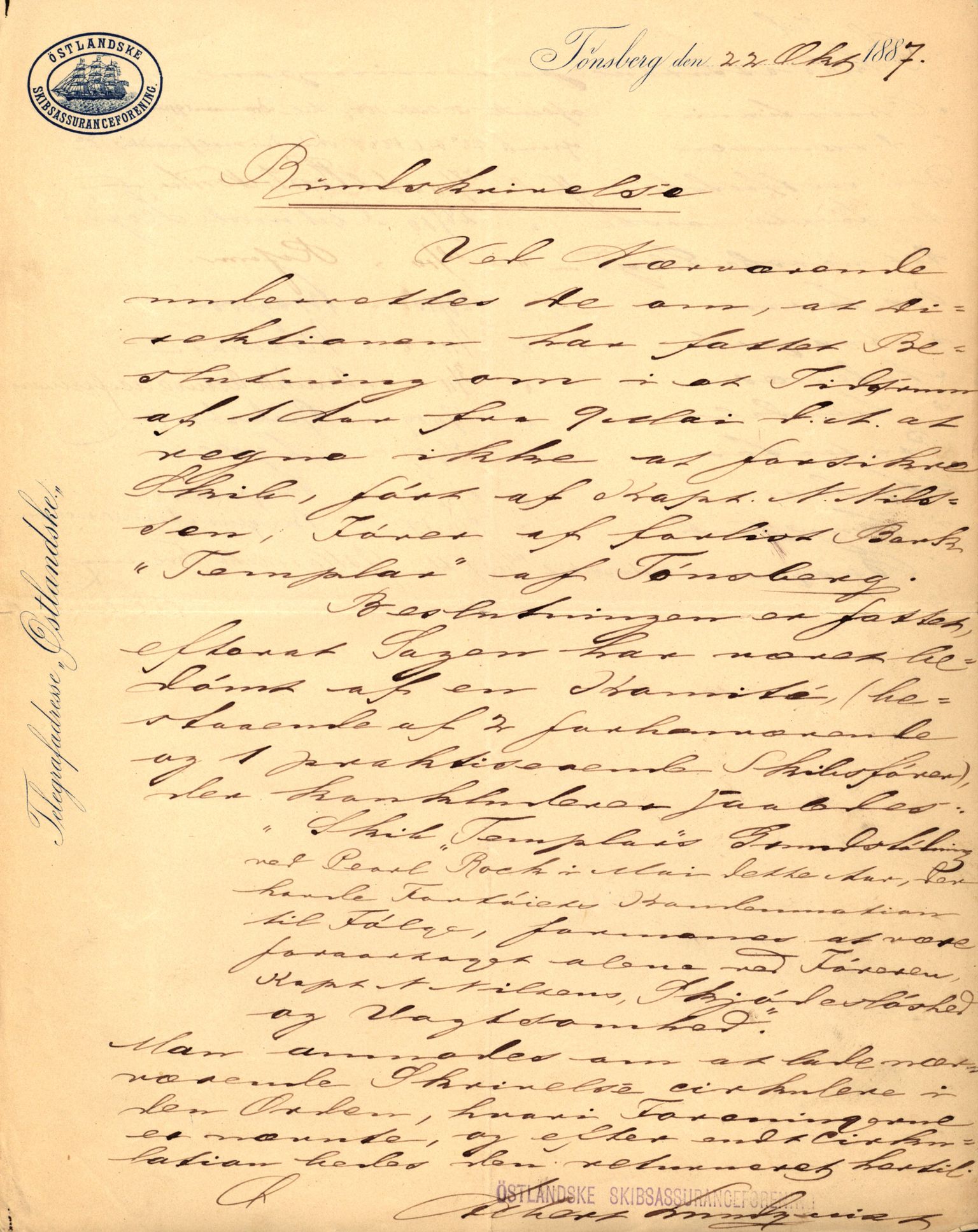 Pa 63 - Østlandske skibsassuranceforening, VEMU/A-1079/G/Ga/L0020/0003: Havaridokumenter / Anton, Diamant, Templar, Finn, Eliezer, Arctic, 1887, s. 241