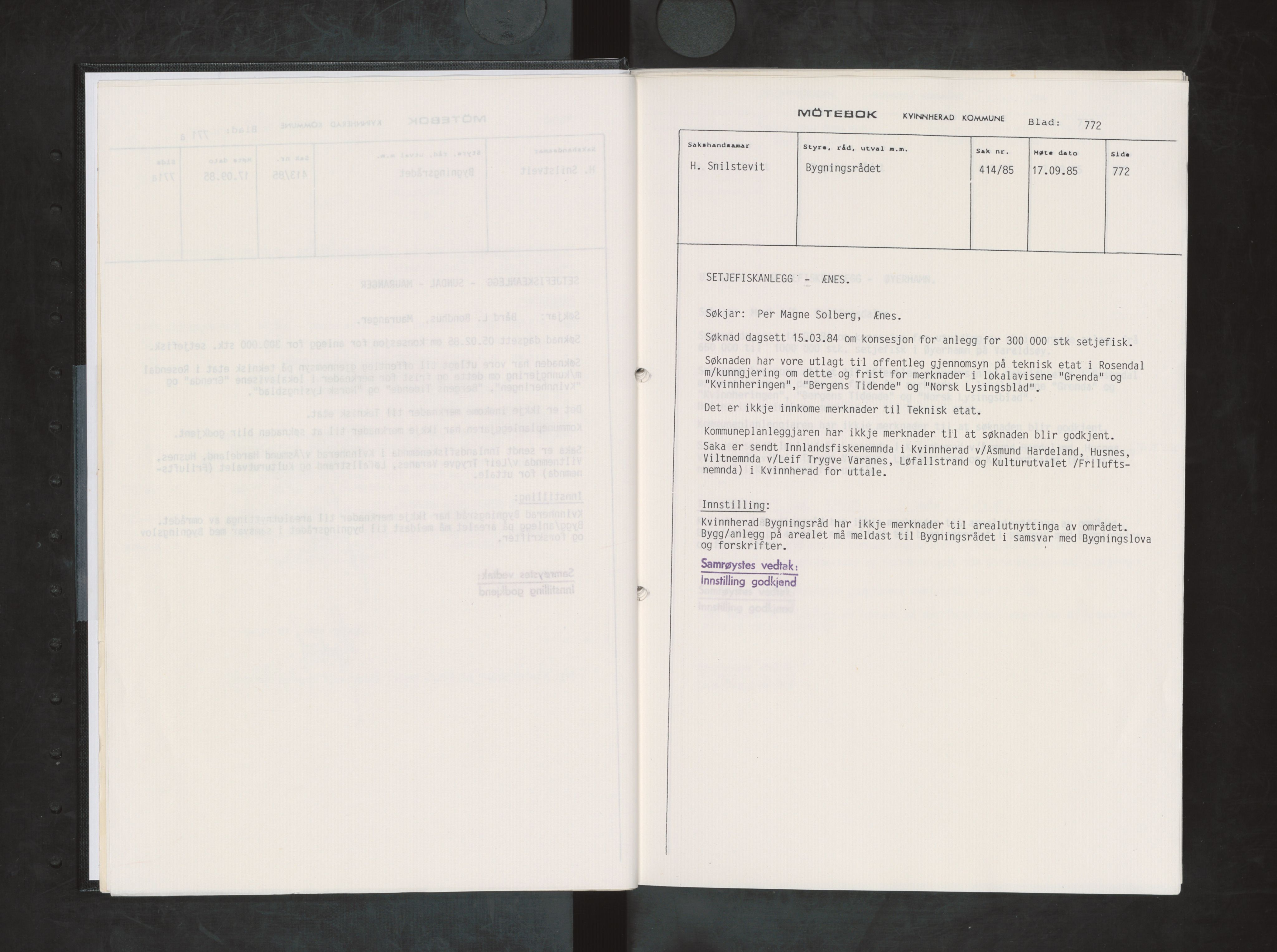 Kvinnherad kommune. Bygningsrådet , IKAH/1224-511/A/Aa/L0046: Møtebok for Kvinnherad bygningsråd, 1985