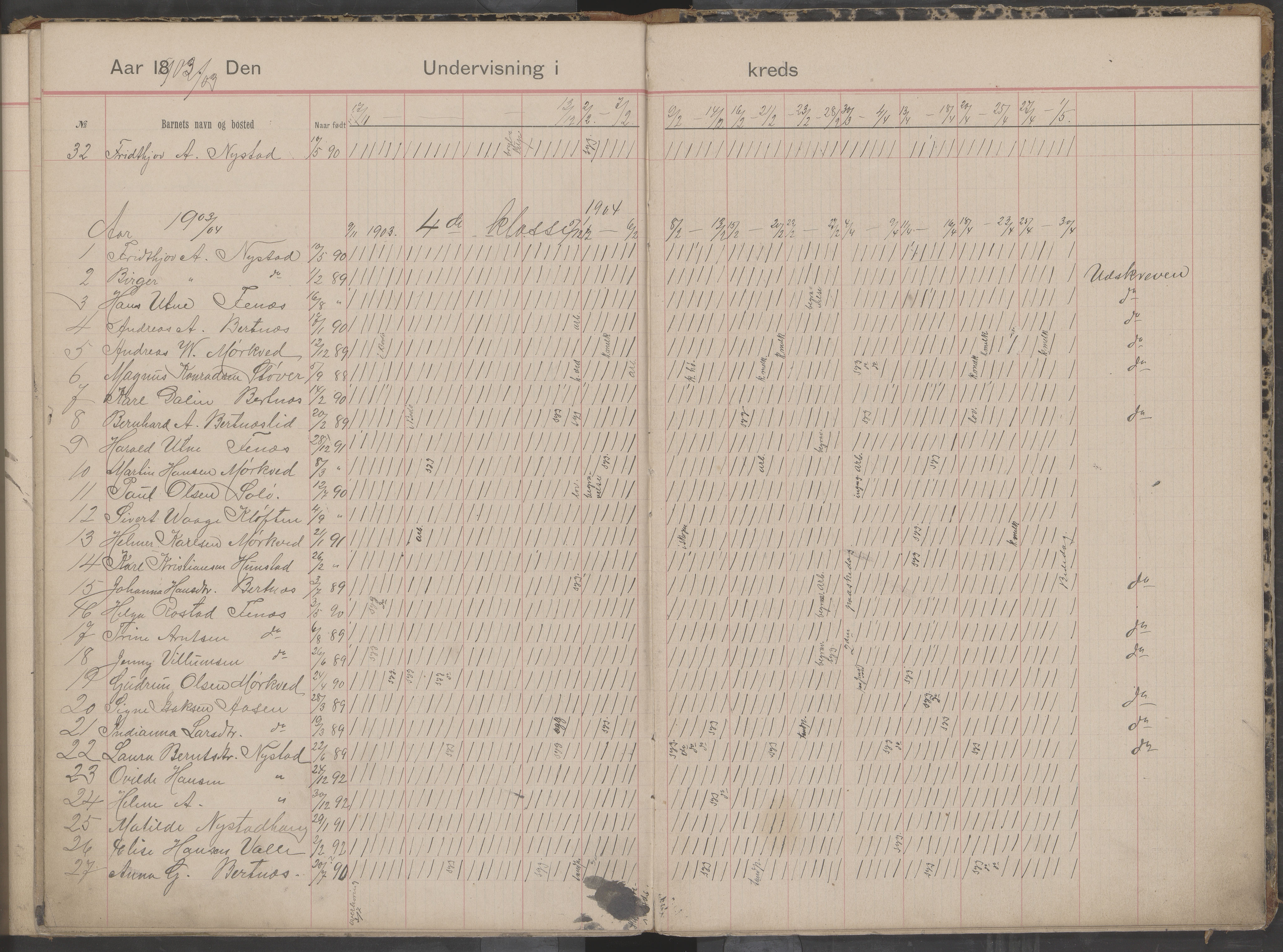 Bodin kommune. Støver skolekrets, AIN/K-18431.510.07/F/Fa/L0001: Dagbok for skolehold og skolesøkning, 1892-1905