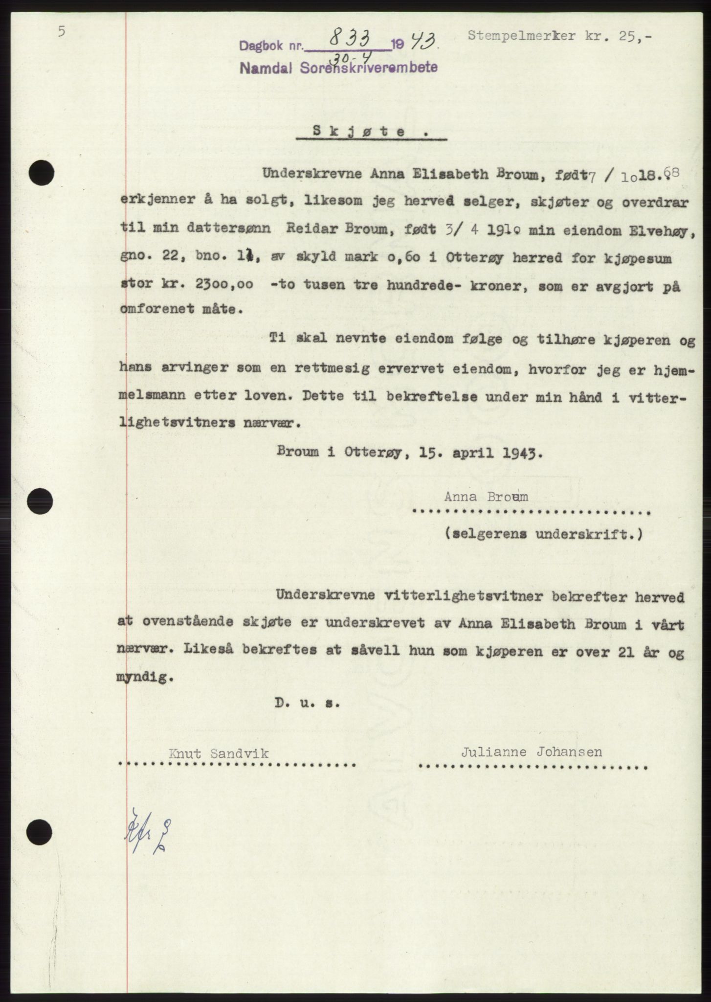 Namdal sorenskriveri, SAT/A-4133/1/2/2C: Pantebok nr. -, 1942-1943, Dagboknr: 833/1943