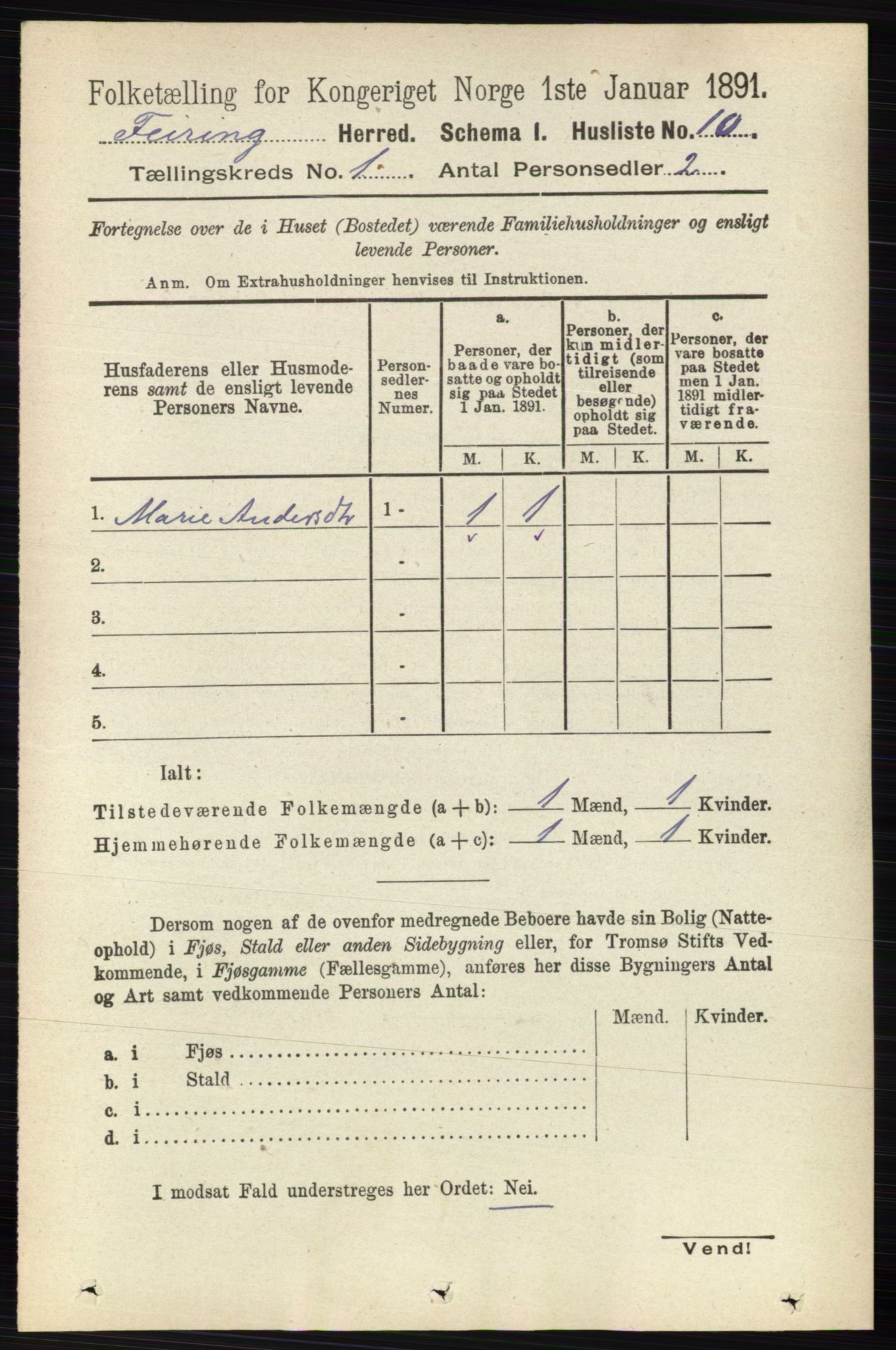 RA, Folketelling 1891 for 0240 Feiring herred, 1891, s. 20