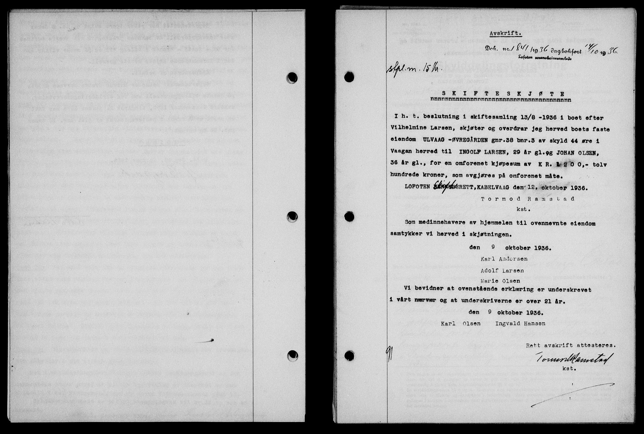 Lofoten sorenskriveri, SAT/A-0017/1/2/2C/L0001a: Pantebok nr. 1a, 1936-1937, Dagboknr: 1841/1936