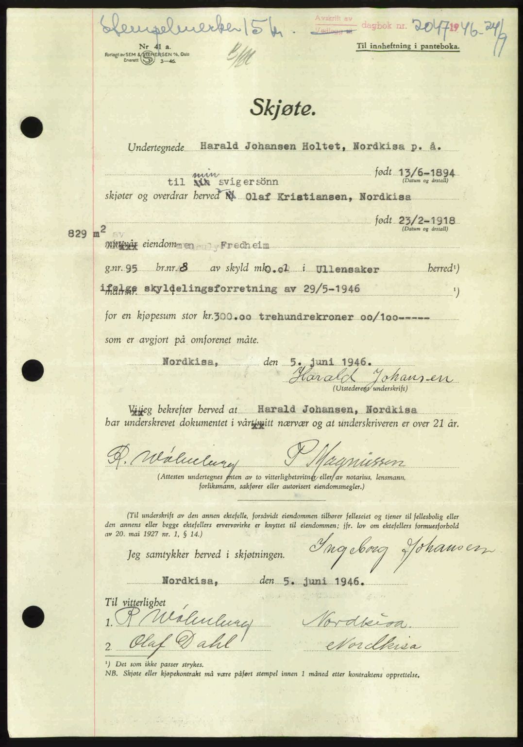 Eidsvoll tingrett, SAO/A-10371/G/Gb/Gbb/L0015: Pantebok nr. A43, 1946-1947, Dagboknr: 2047/1946