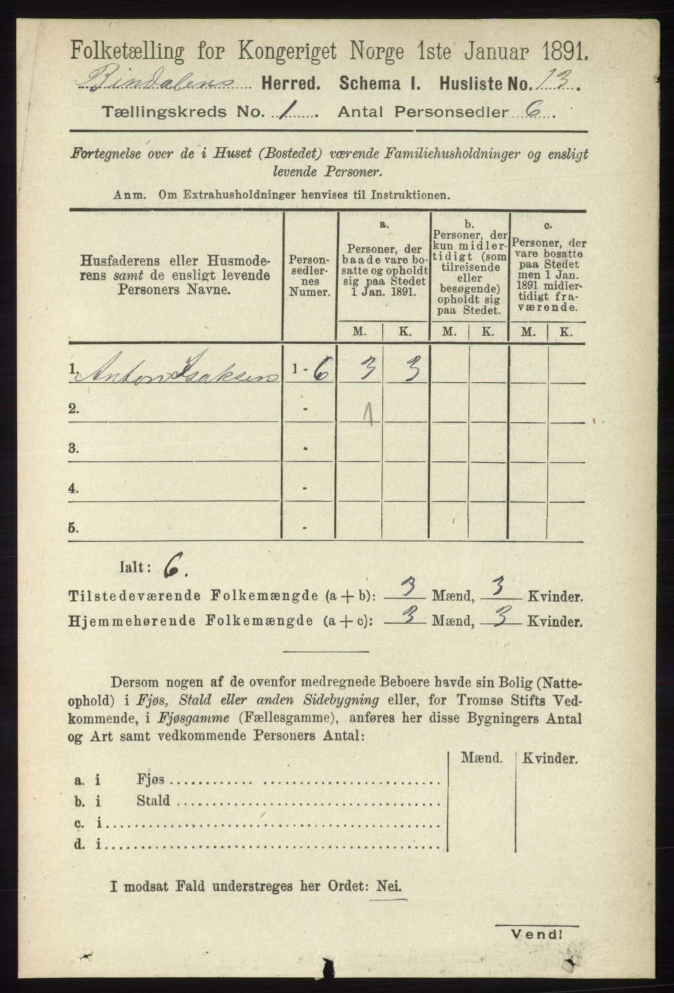 RA, Folketelling 1891 for 1811 Bindal herred, 1891, s. 39