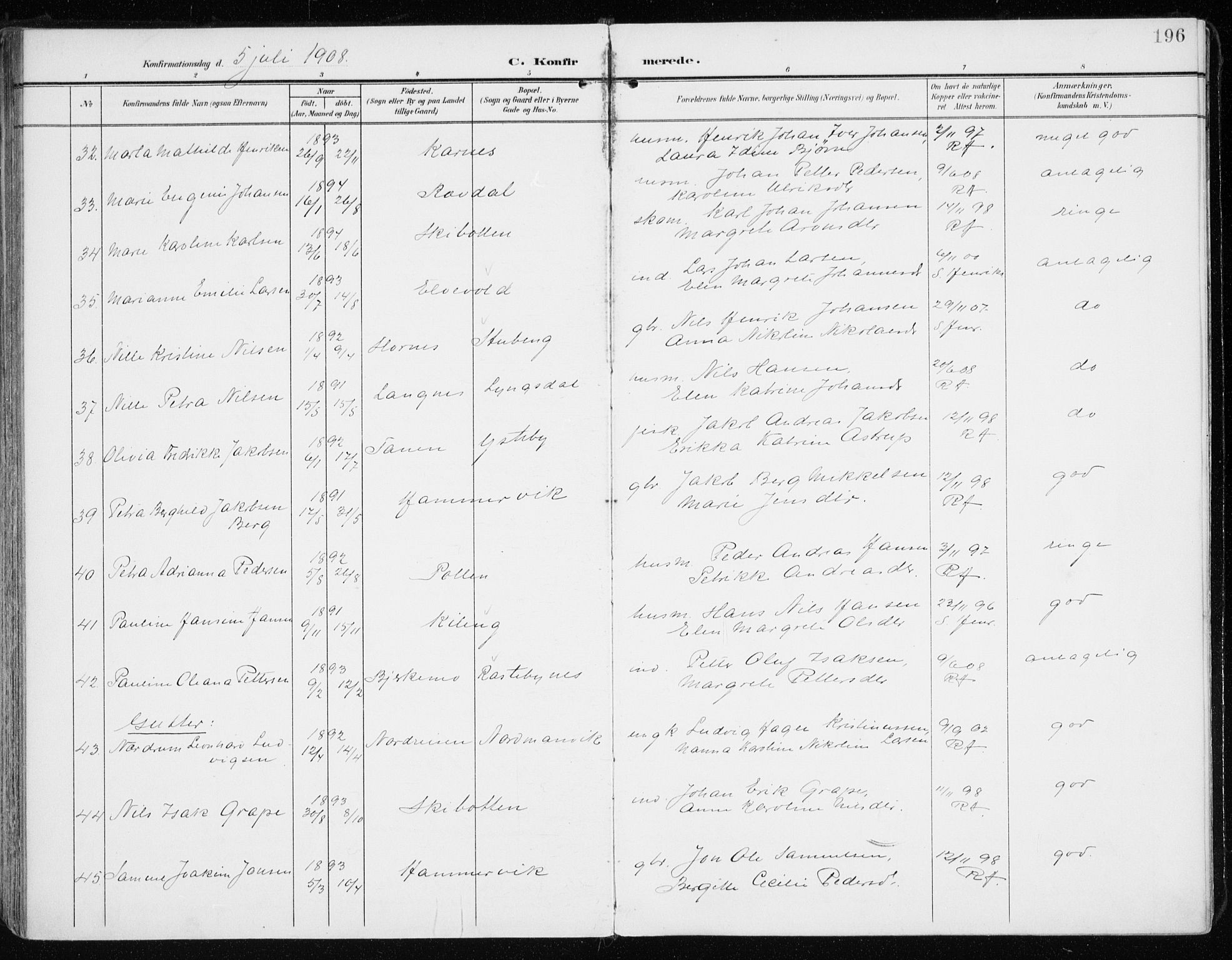 Lyngen sokneprestembete, AV/SATØ-S-1289/H/He/Hea/L0011kirke: Ministerialbok nr. 11, 1903-1913, s. 196