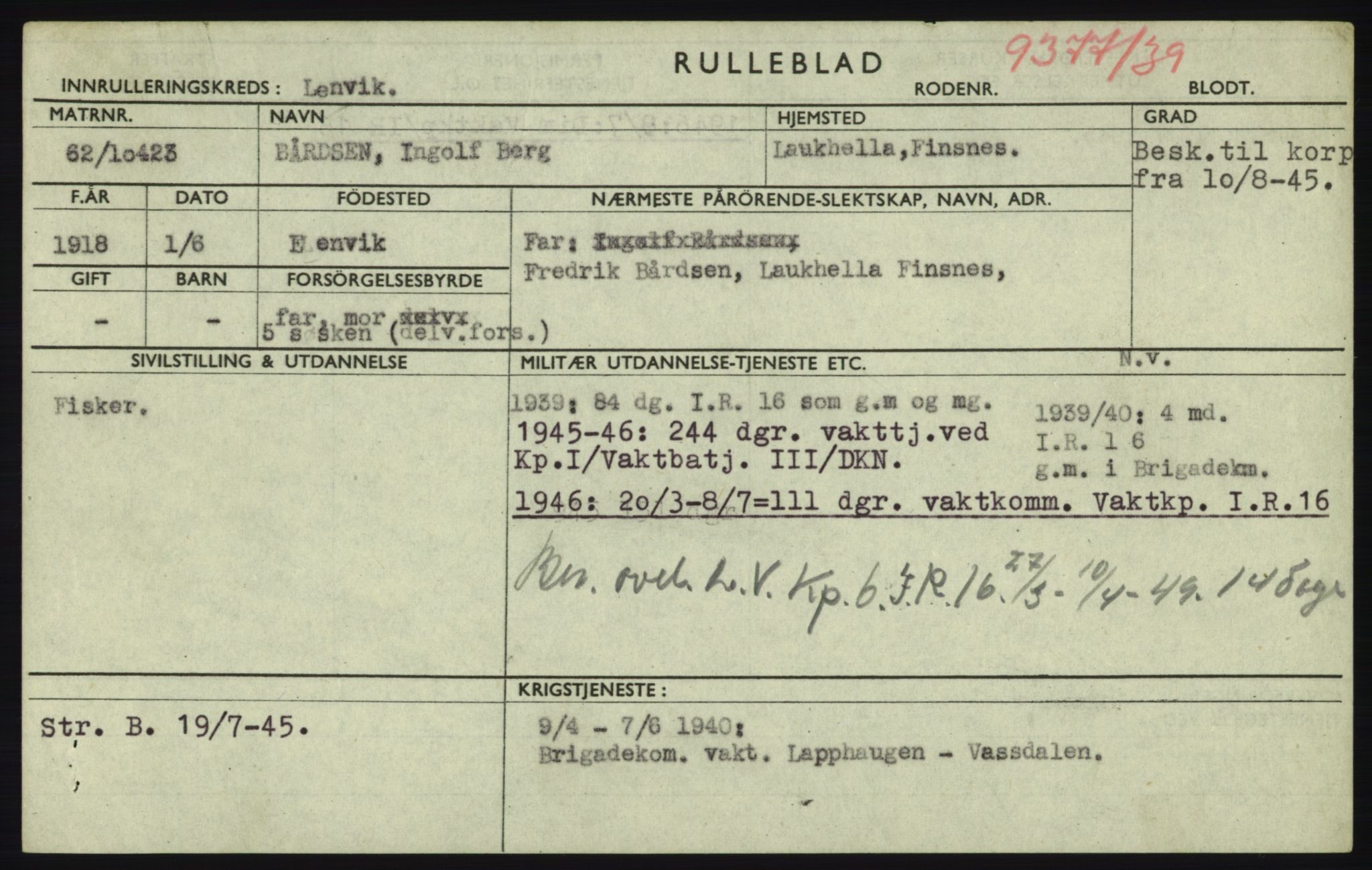 Forsvaret, Troms infanteriregiment nr. 16, AV/RA-RAFA-3146/P/Pa/L0023: Rulleblad for regimentets menige mannskaper, årsklasse 1939, 1939, s. 157