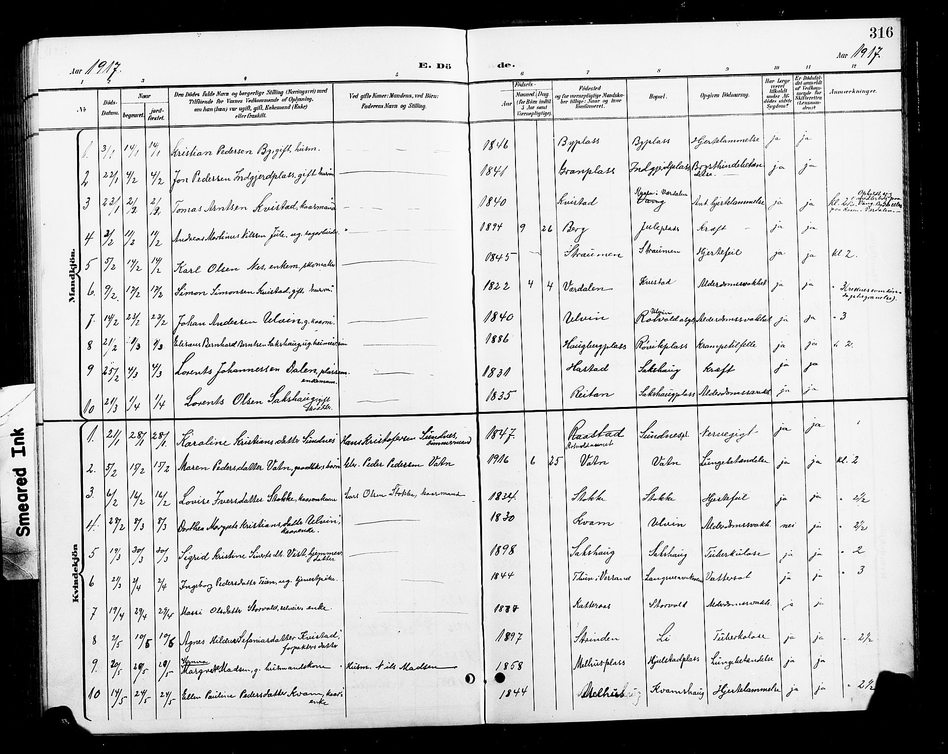 Ministerialprotokoller, klokkerbøker og fødselsregistre - Nord-Trøndelag, SAT/A-1458/730/L0302: Klokkerbok nr. 730C05, 1898-1924, s. 316