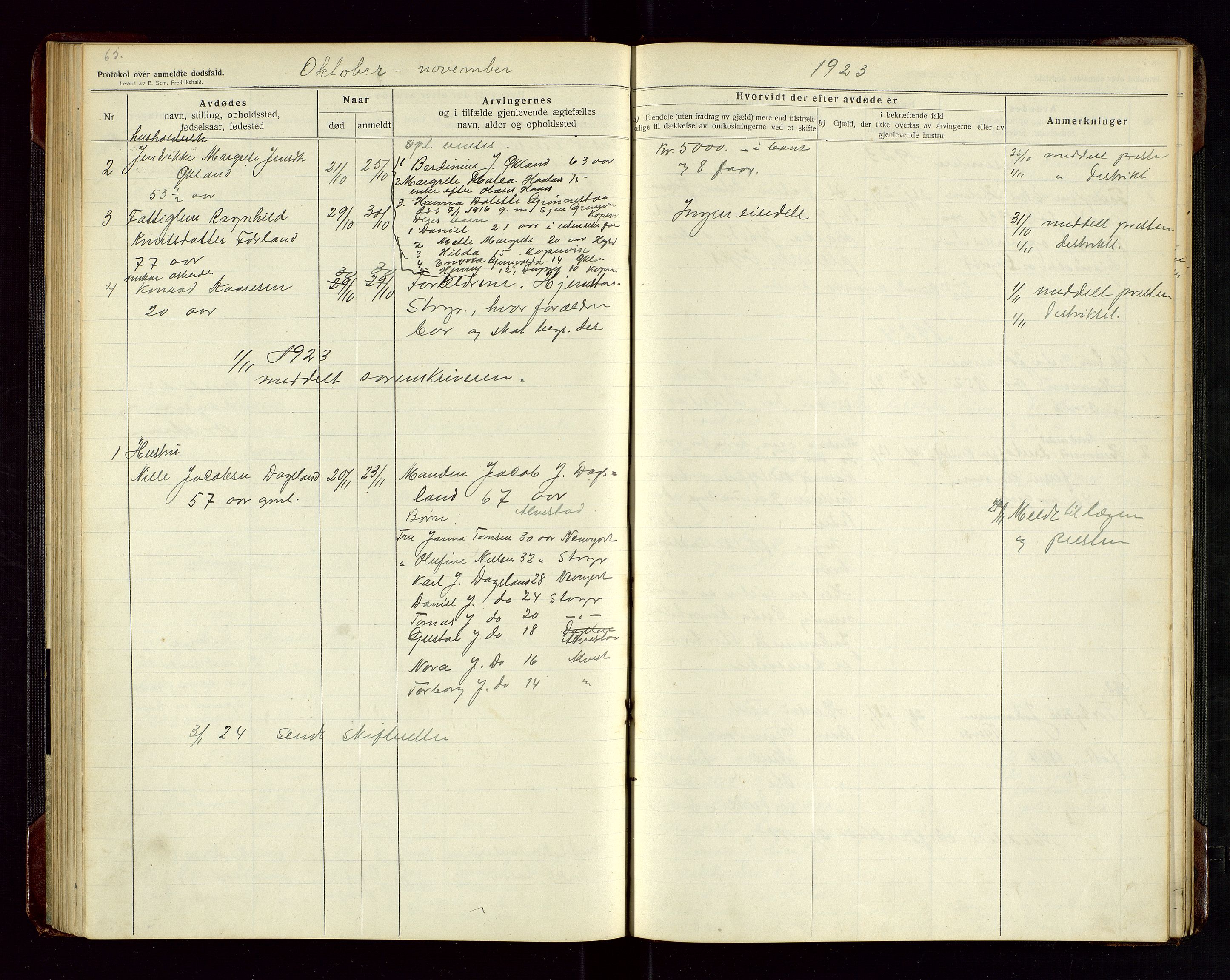 Tysvær lensmannskontor, AV/SAST-A-100192/Gga/L0003: "Protokol over anmeldte dødsfald i Tysvær" med register, 1916-1926, s. 65