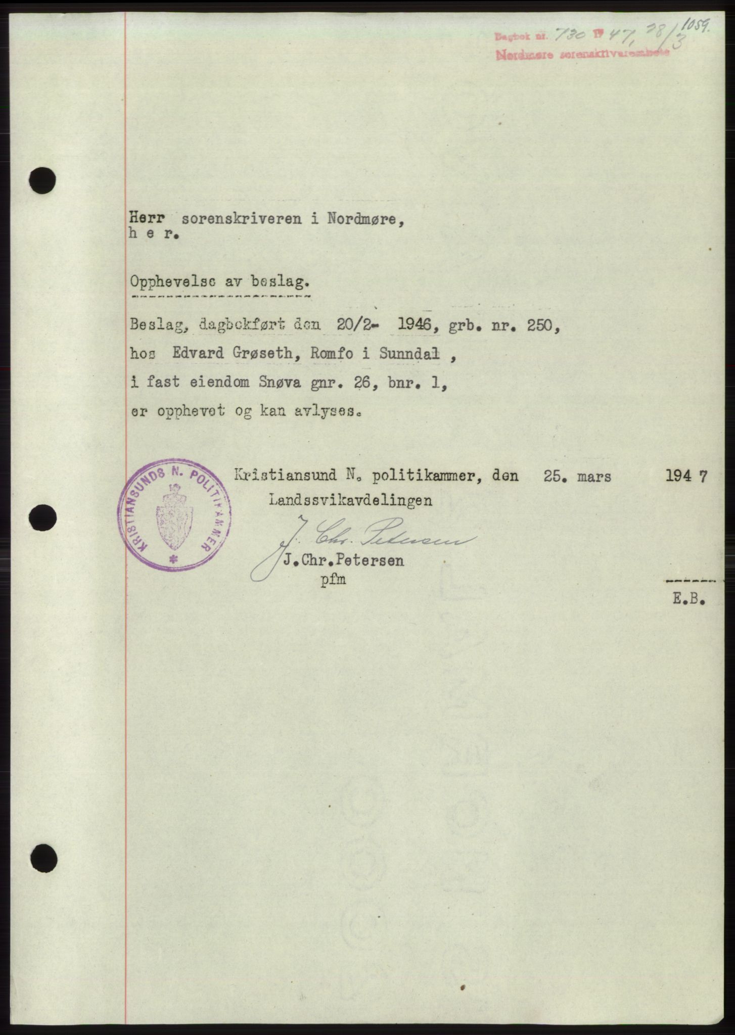Nordmøre sorenskriveri, SAT/A-4132/1/2/2Ca: Pantebok nr. B95, 1946-1947, Dagboknr: 730/1947