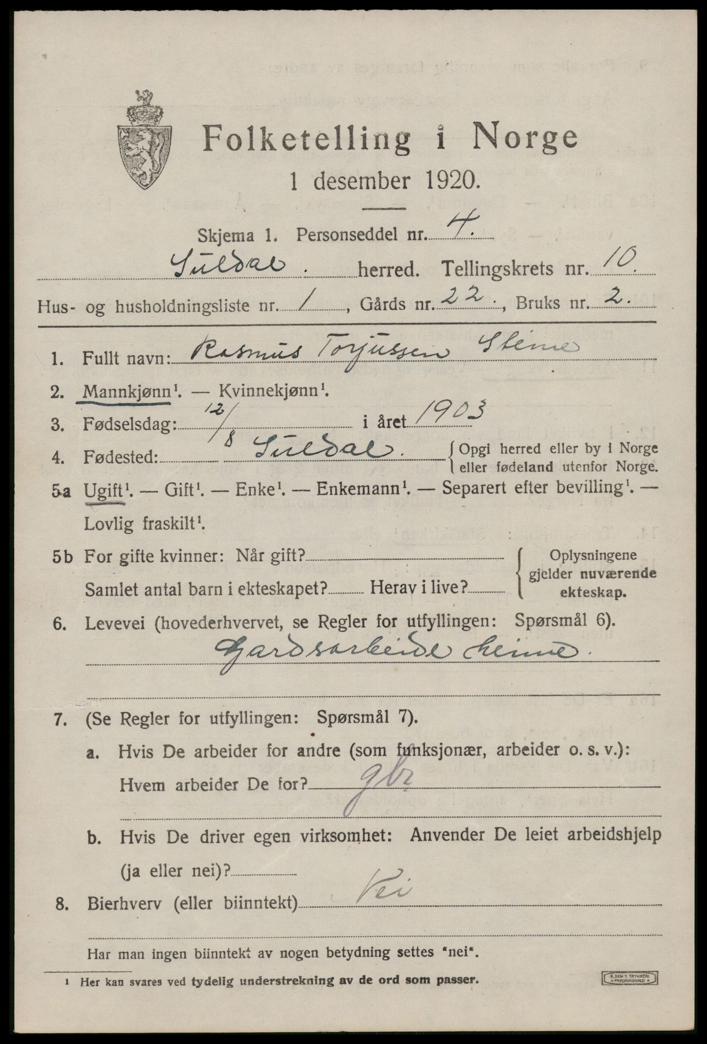 SAST, Folketelling 1920 for 1134 Suldal herred, 1920, s. 2710