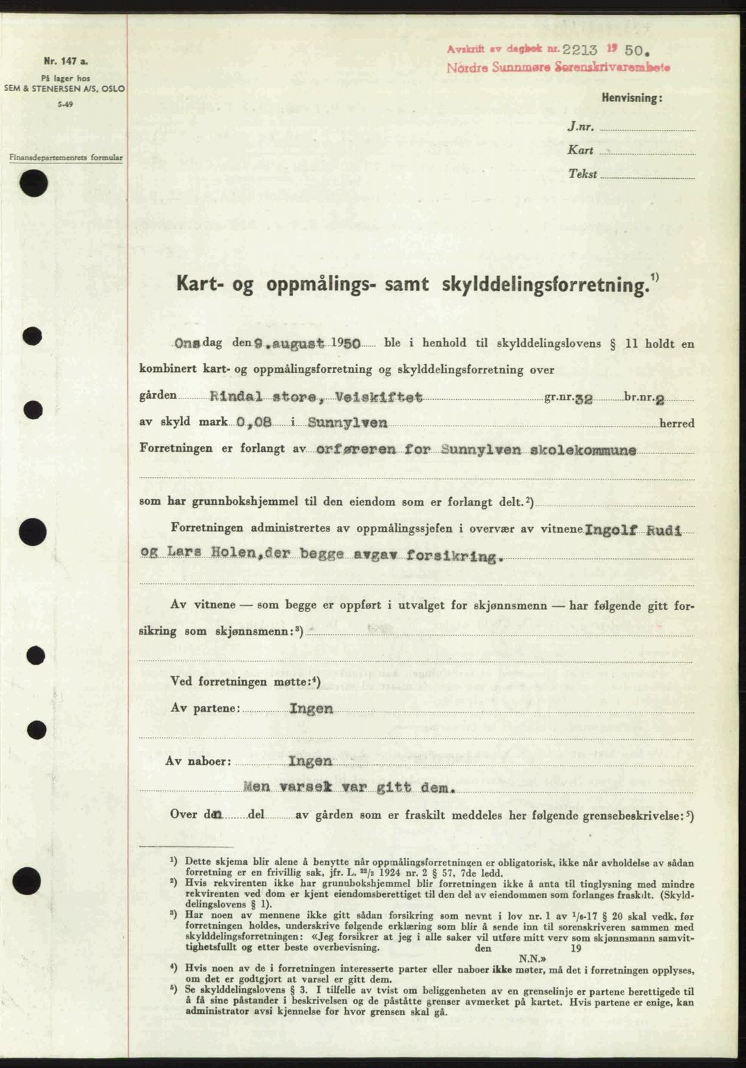 Nordre Sunnmøre sorenskriveri, SAT/A-0006/1/2/2C/2Ca: Pantebok nr. A36, 1950-1950, Dagboknr: 2213/1950