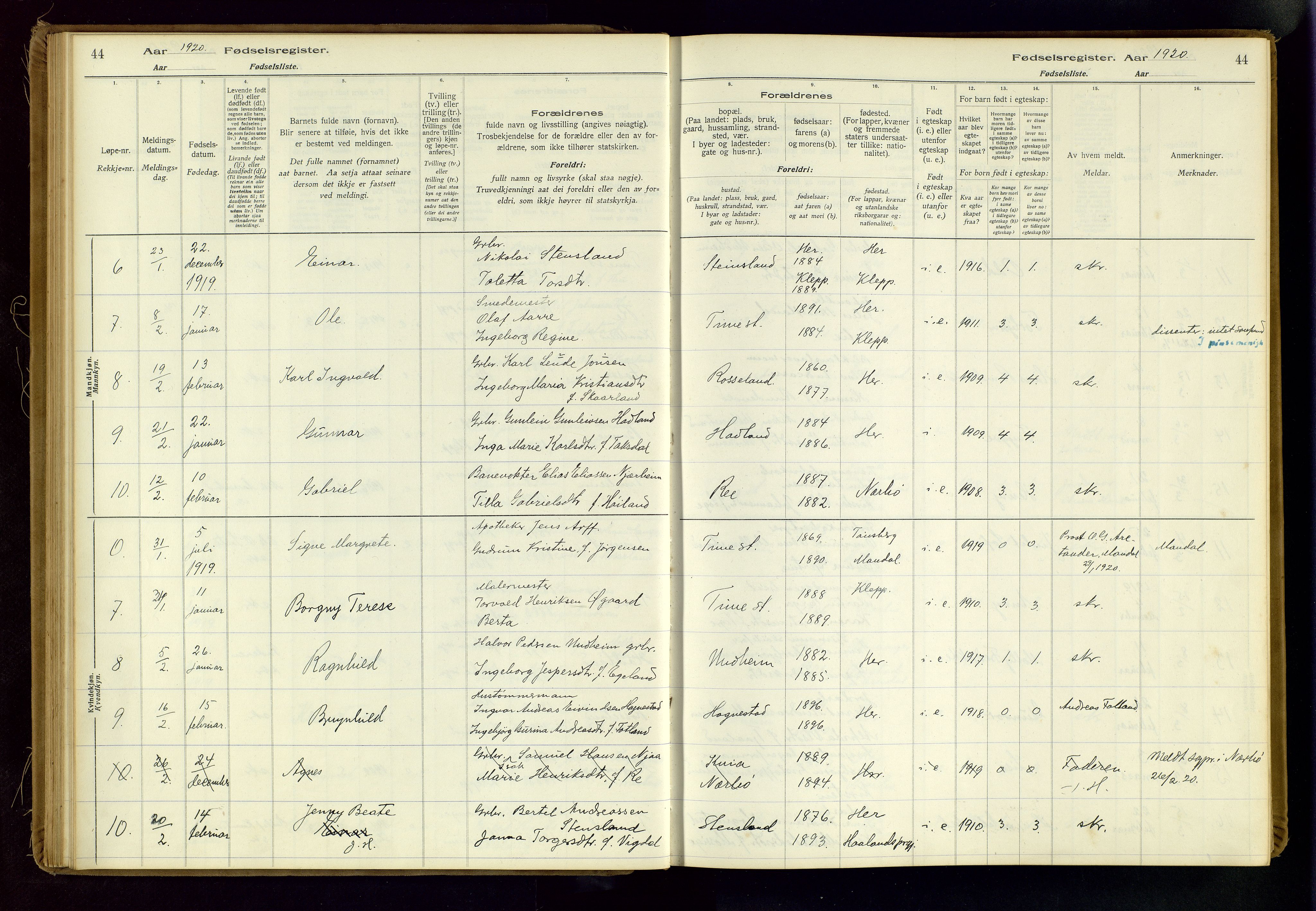 Time sokneprestkontor, AV/SAST-A-101795/001/704BA/L0001: Fødselsregister nr. 1, 1916-1934, s. 44