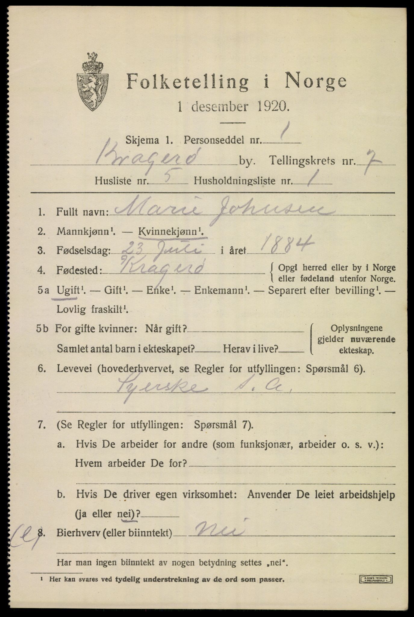 SAKO, Folketelling 1920 for 0801 Kragerø kjøpstad, 1920, s. 9743
