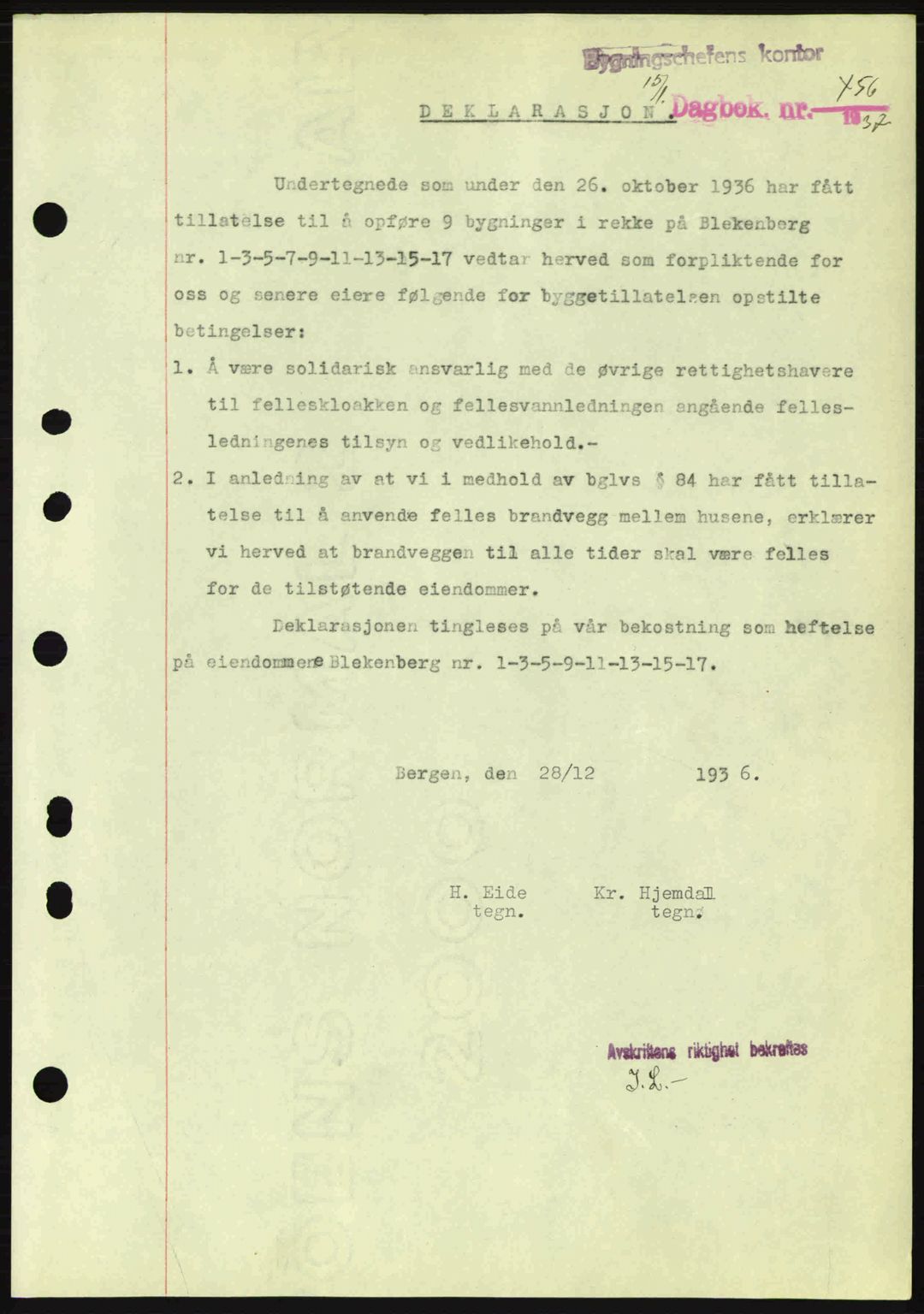 Byfogd og Byskriver i Bergen, SAB/A-3401/03/03Bc/L0004: Pantebok nr. A3-4, 1936-1937, Dagboknr: 456/1937