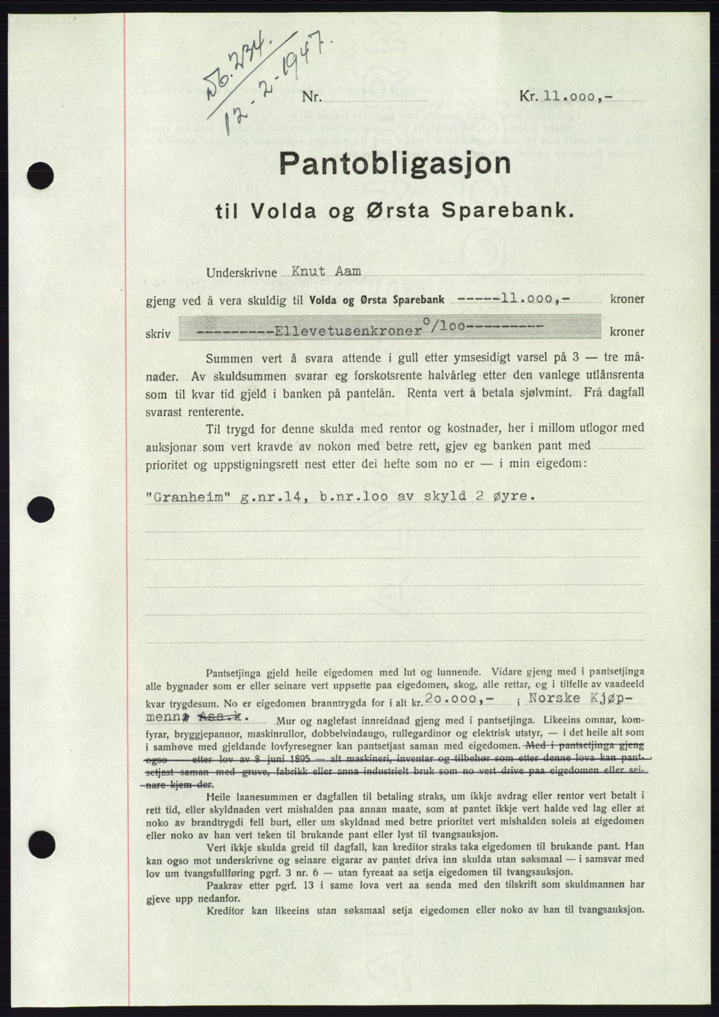 Søre Sunnmøre sorenskriveri, AV/SAT-A-4122/1/2/2C/L0114: Pantebok nr. 1-2B, 1943-1947, Dagboknr: 234/1947