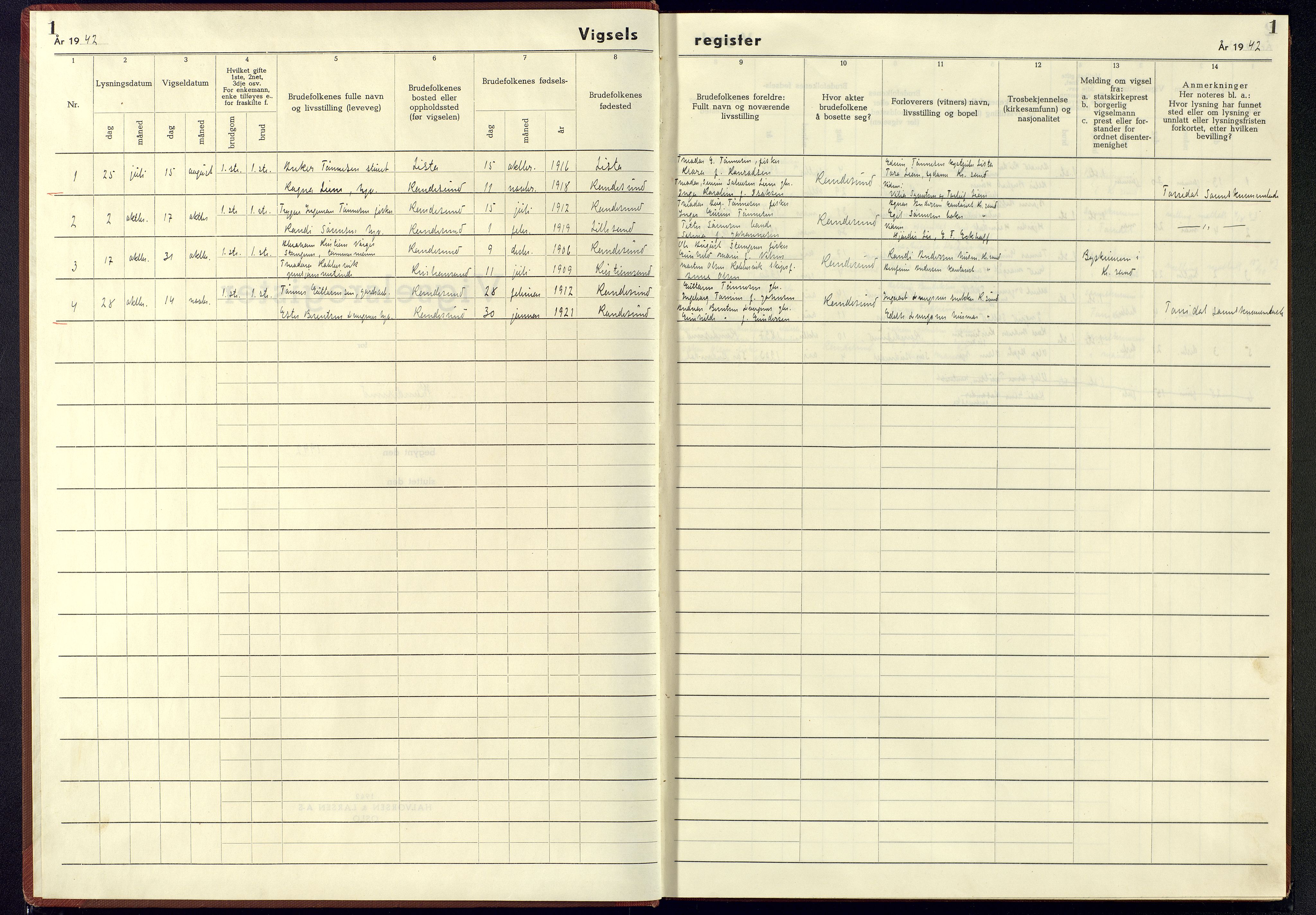 Oddernes sokneprestkontor, SAK/1111-0033/J/Jb/L0006: Vigselsregister nr. 6, 1942-1945, s. 1