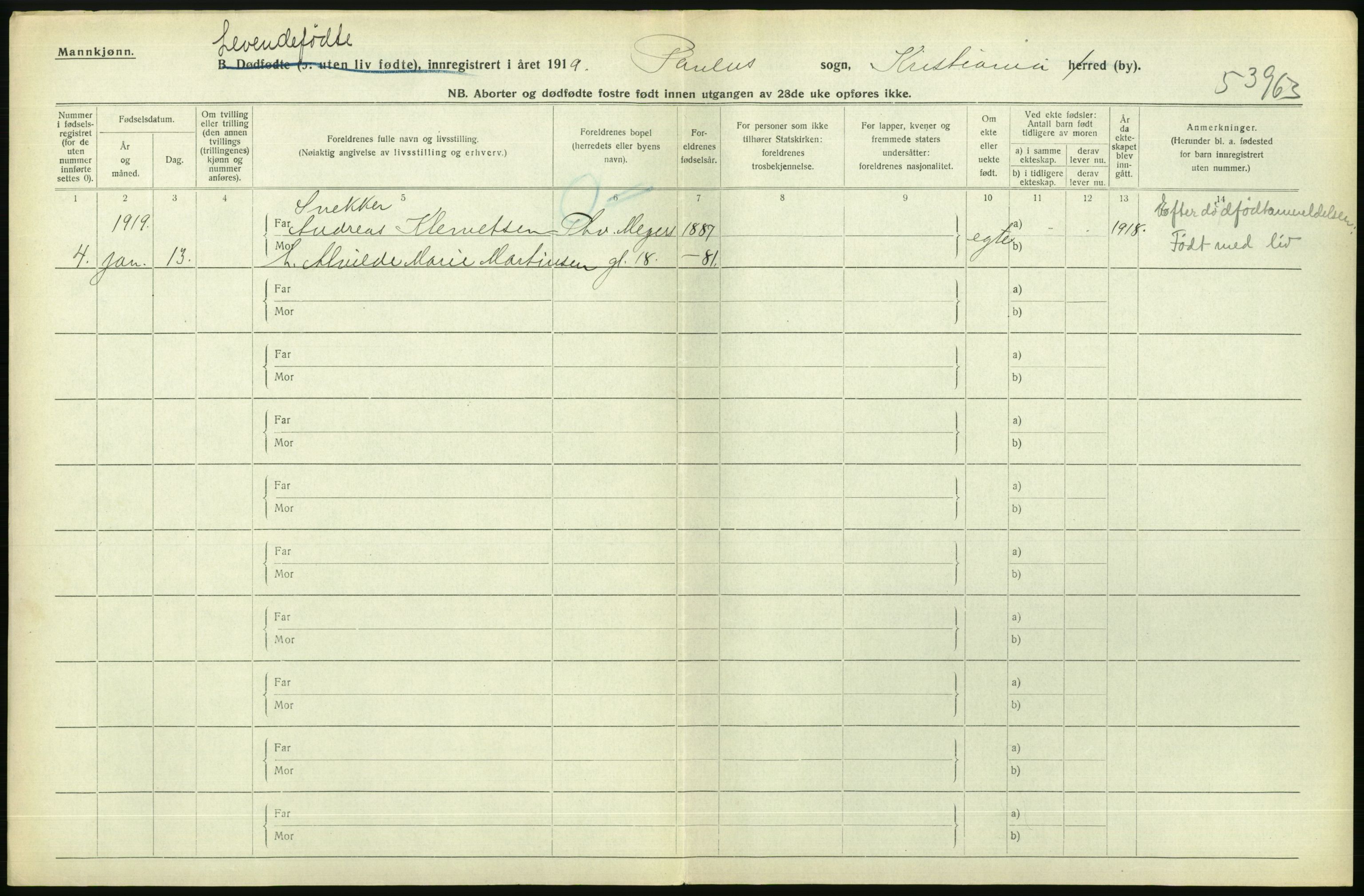 Statistisk sentralbyrå, Sosiodemografiske emner, Befolkning, RA/S-2228/D/Df/Dfb/Dfbi/L0008: Kristiania: Levendefødte menn og kvinner., 1919