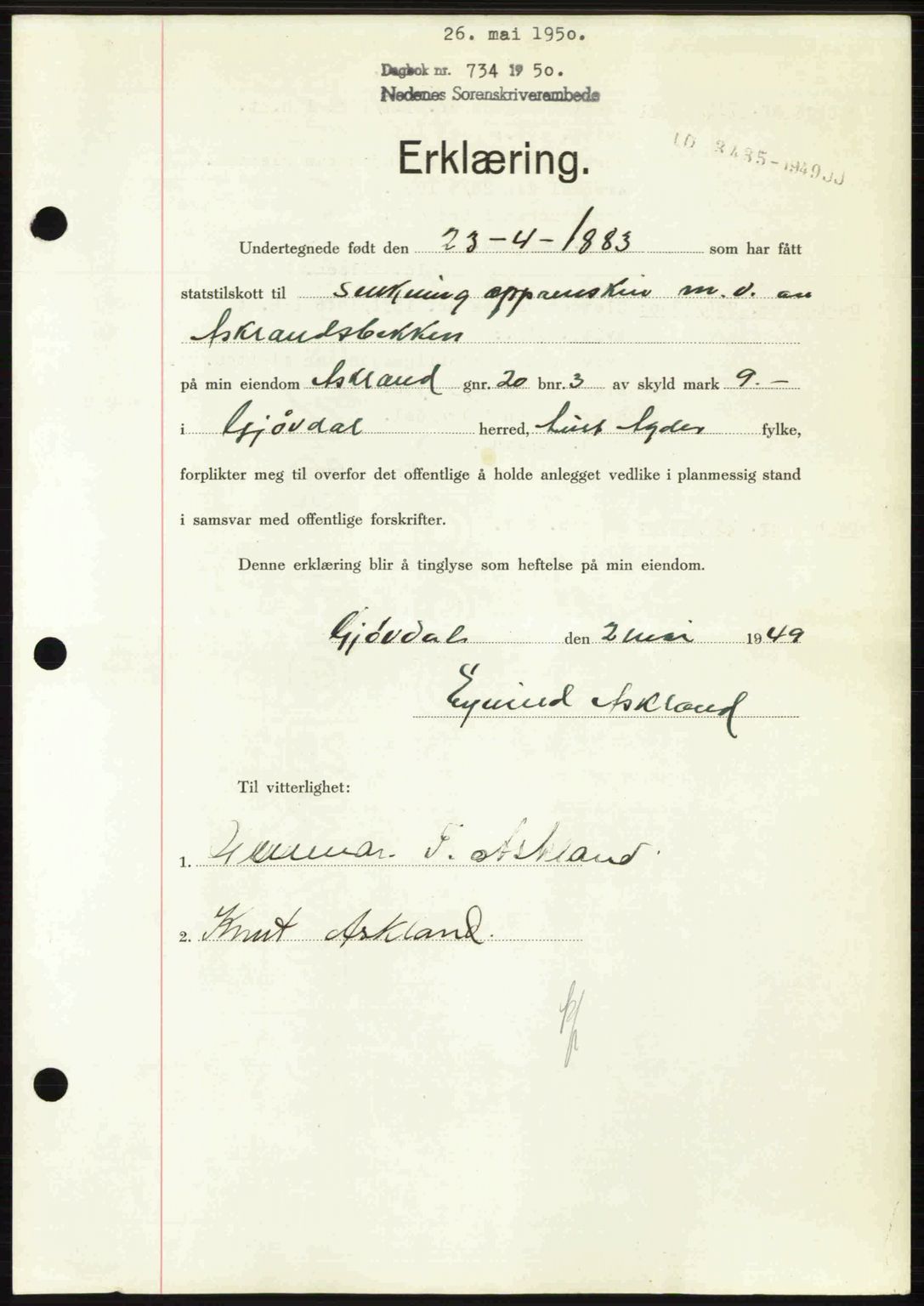 Nedenes sorenskriveri, AV/SAK-1221-0006/G/Gb/Gba/L0062: Pantebok nr. A14, 1949-1950, Dagboknr: 734/1950