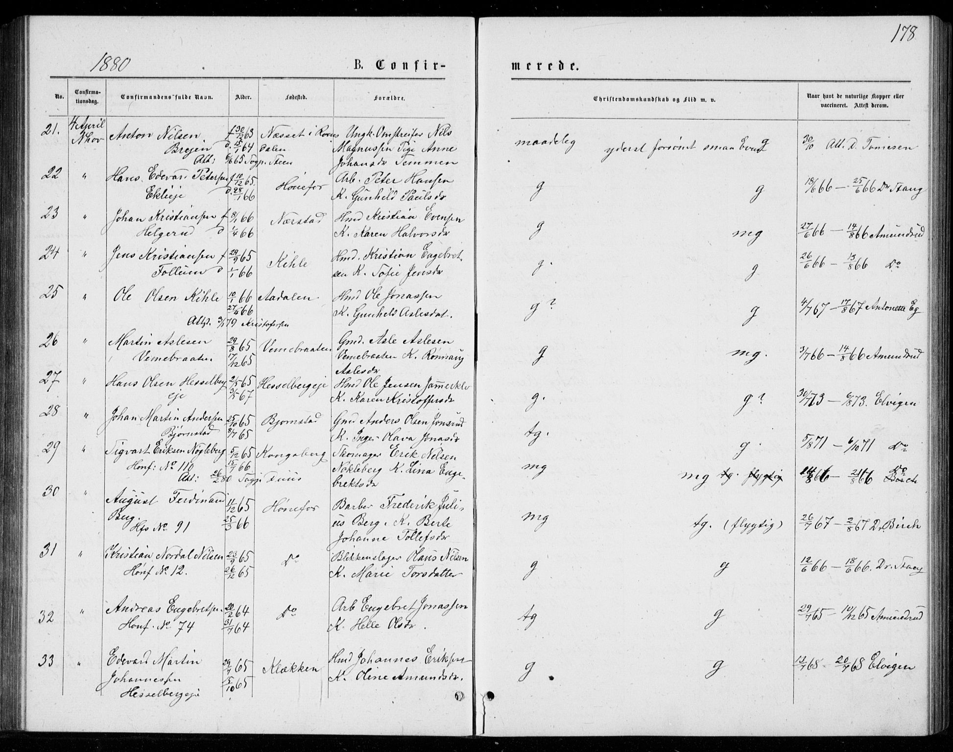 Norderhov kirkebøker, AV/SAKO-A-237/G/Ga/L0007: Klokkerbok nr. I 7, 1877-1887, s. 178