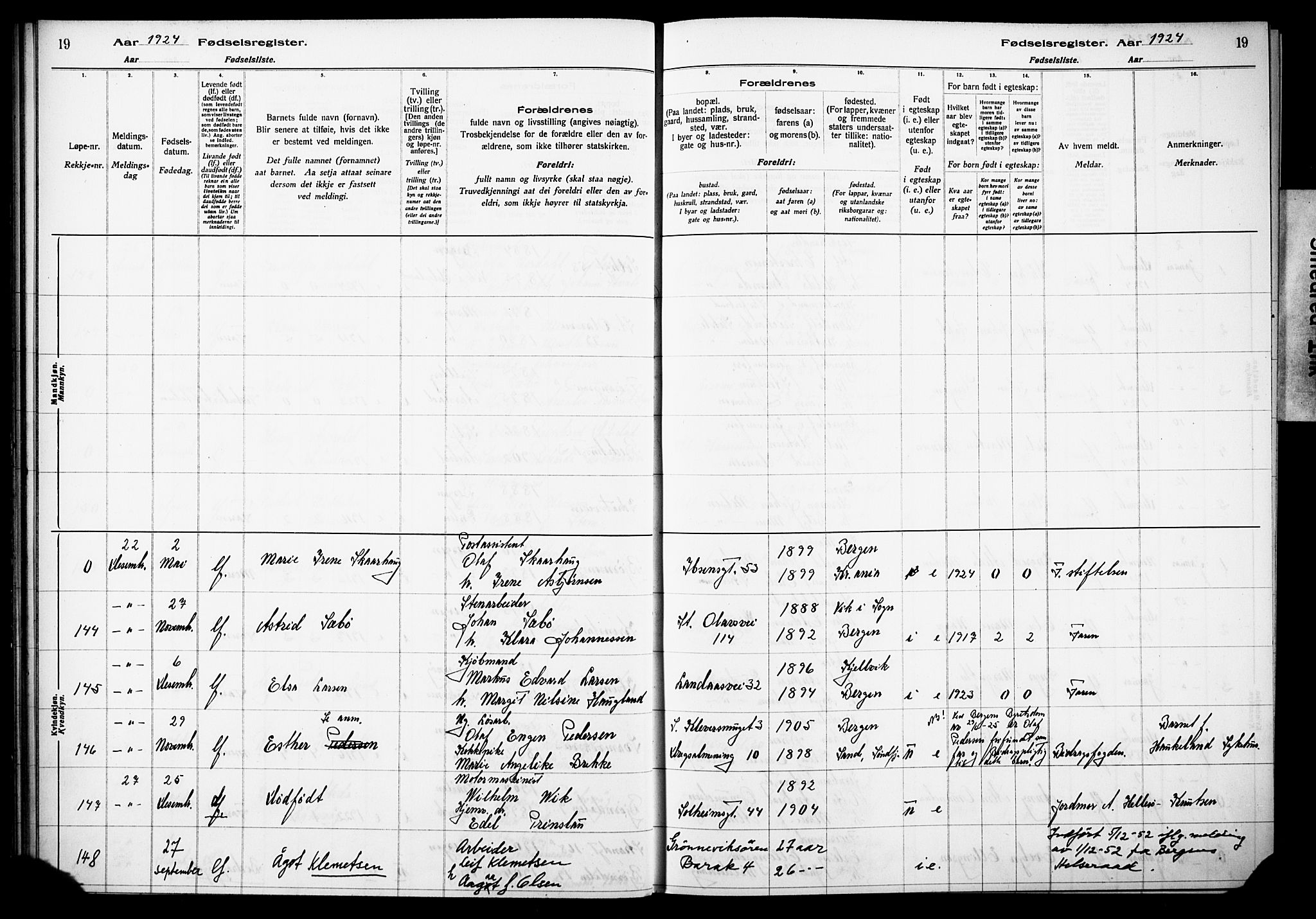 Årstad Sokneprestembete, AV/SAB-A-79301/I/Id/L0A03: Fødselsregister nr. A 3, 1924-1929, s. 19
