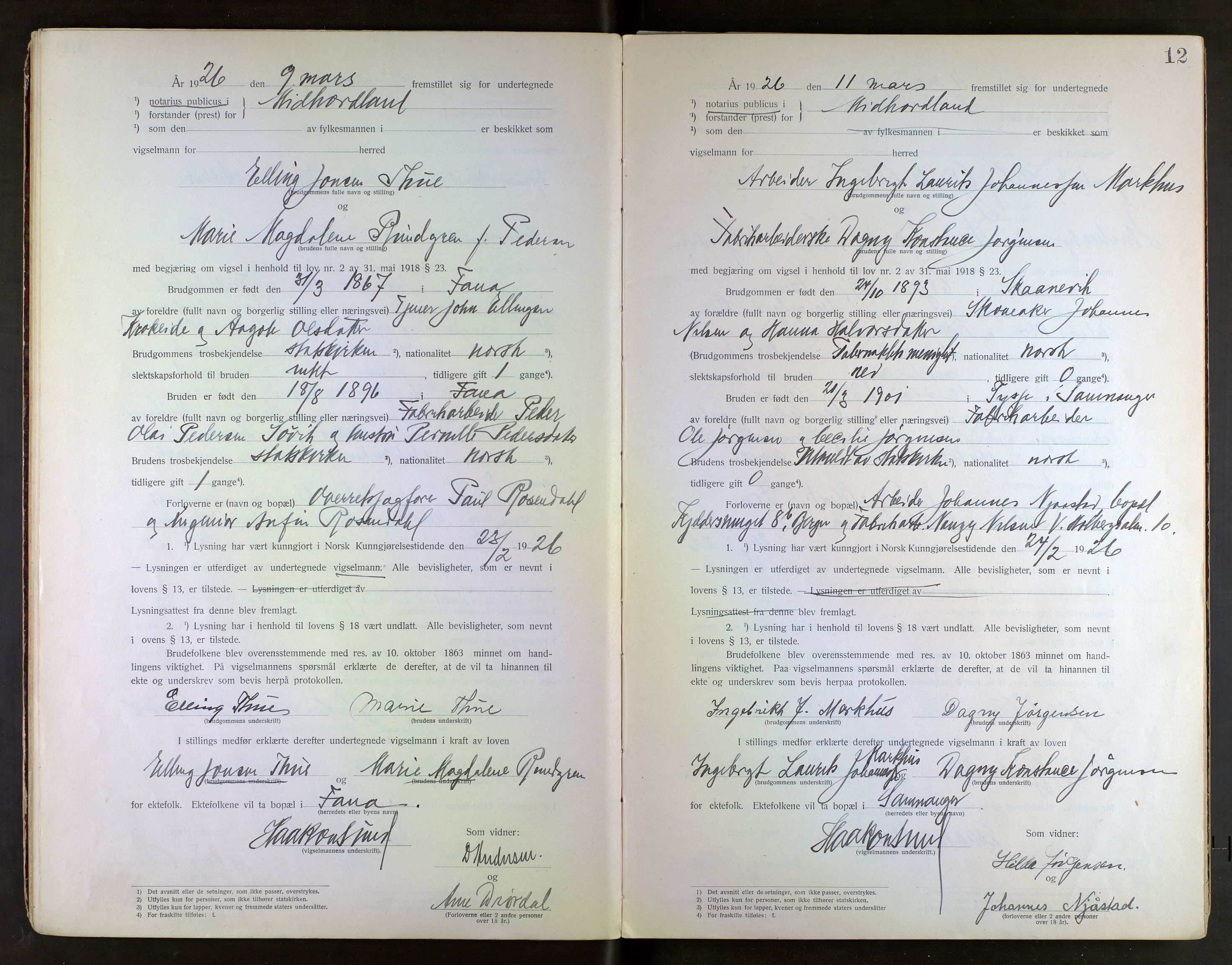 Midhordland sorenskriveri, AV/SAB-A-3001/1/M/Mc/Mca/L0001: Notarialbilag. Vigselbøker, 1920-1939, s. 12