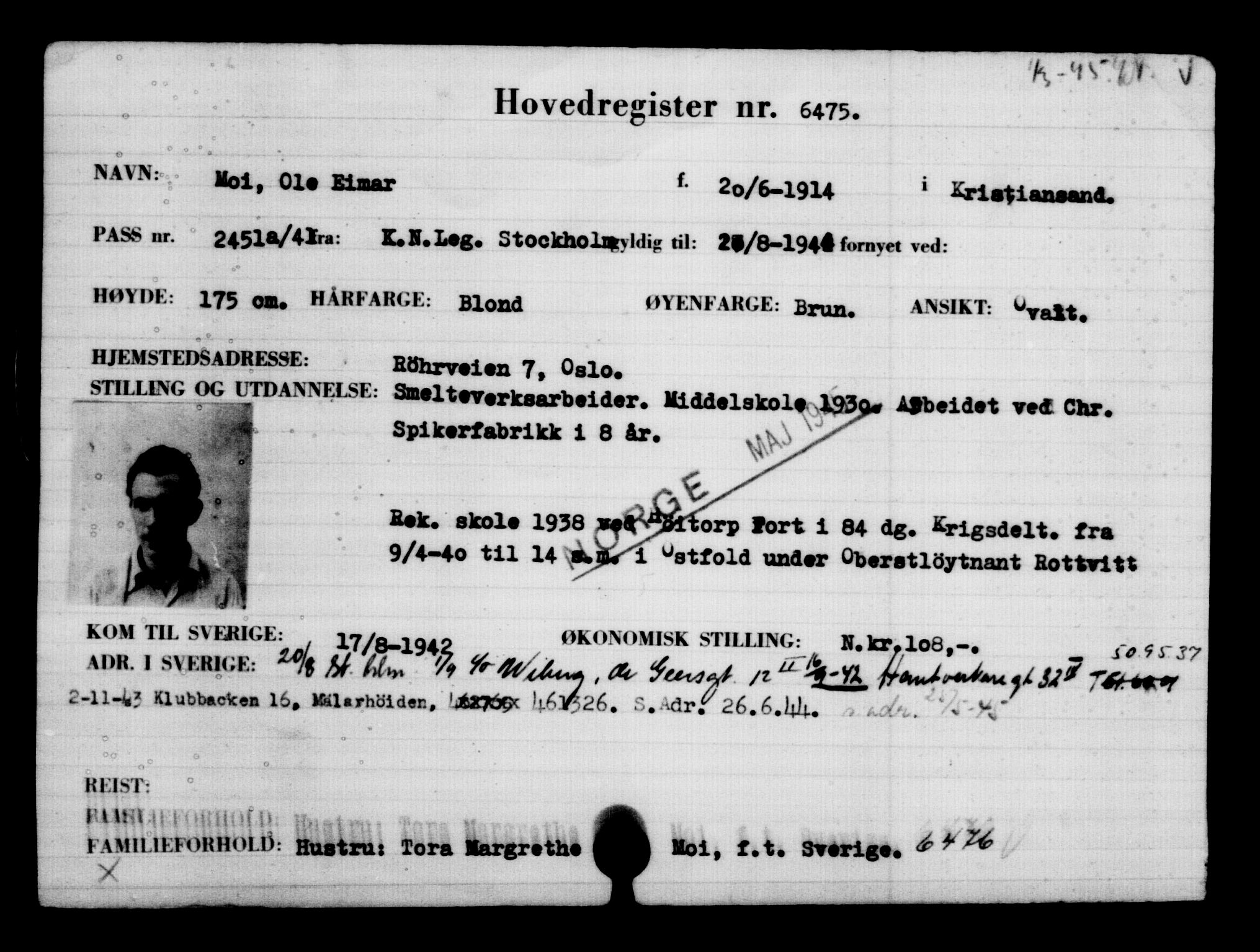 Den Kgl. Norske Legasjons Flyktningskontor, AV/RA-S-6753/V/Va/L0004: Kjesäterkartoteket.  Flyktningenr. 3496-6610, 1940-1945, s. 3528