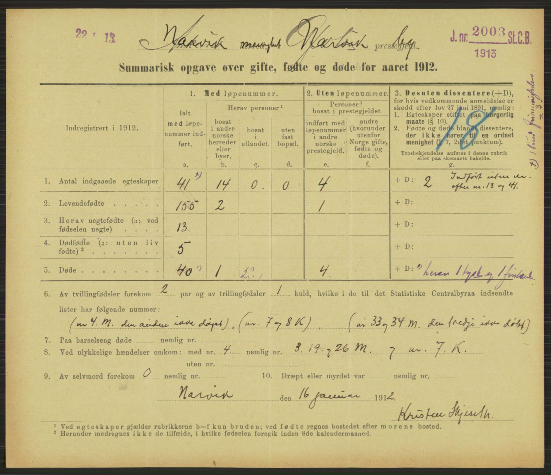 Statistisk sentralbyrå, Sosiodemografiske emner, Befolkning, RA/S-2228/D/Df/Dfb/Dfbb/L0052: Summariske oppgaver over gifte, fødte og døde for hele landet., 1912, s. 1461