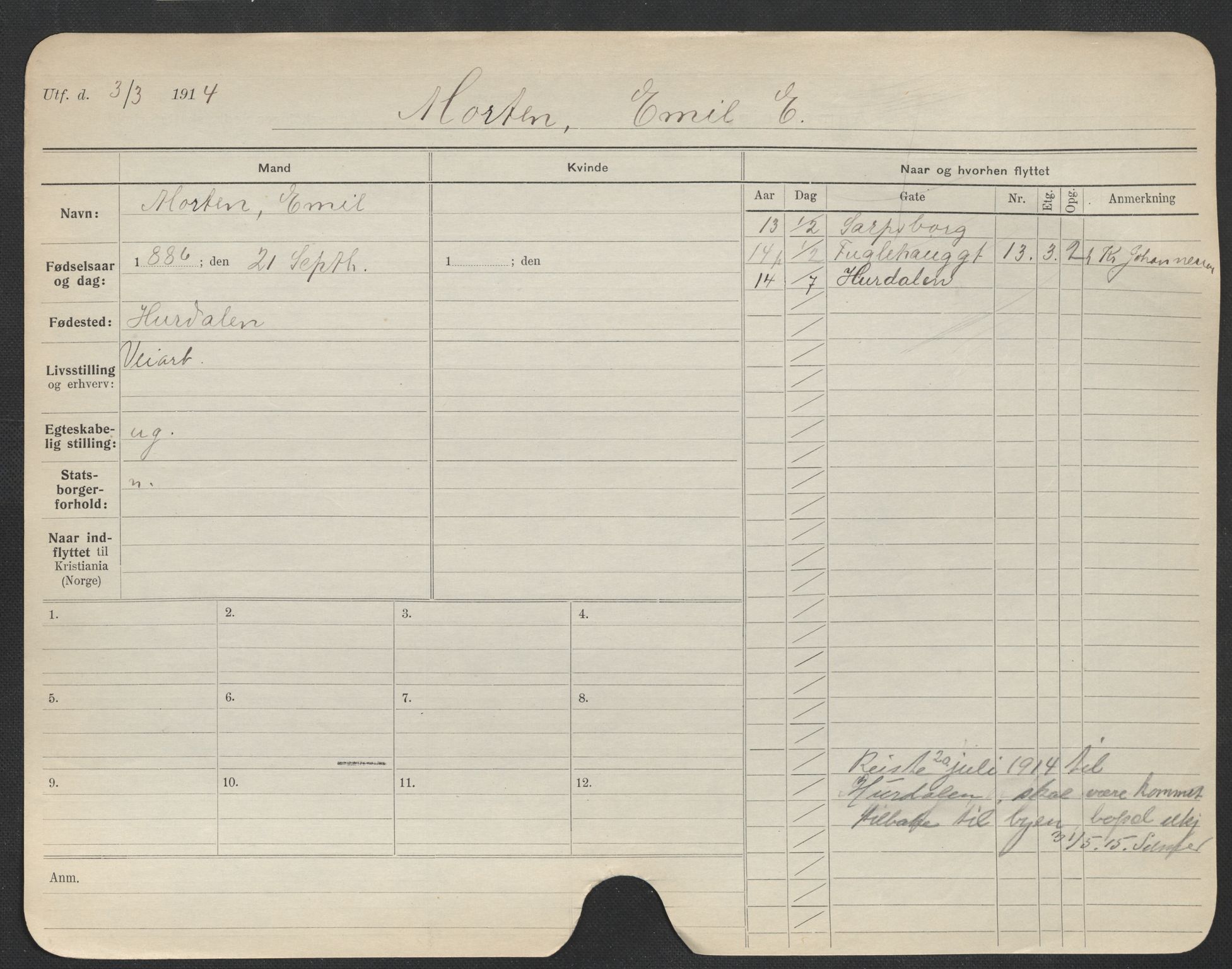 Oslo folkeregister, Registerkort, AV/SAO-A-11715/F/Fa/Fac/L0007: Menn, 1906-1914, s. 875a