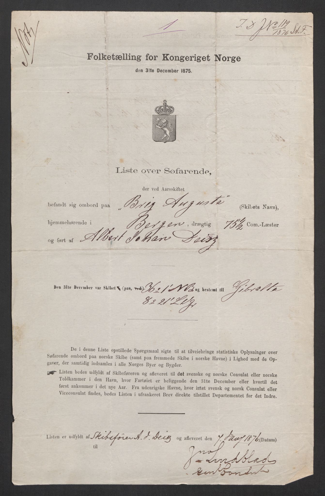 RA, Folketelling 1875, skipslister: Skip i utenrikske havner, hjemmehørende i 1) byer og ladesteder, Grimstad - Tromsø, 2) landdistrikter, 1875, s. 815