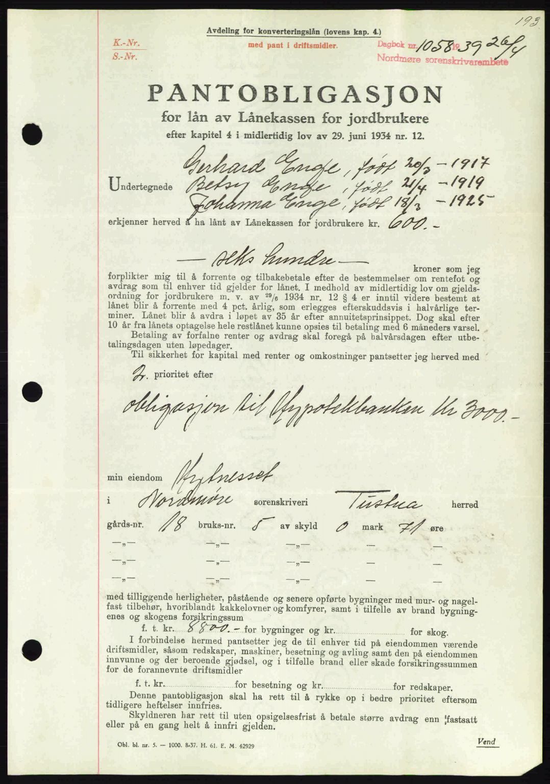 Nordmøre sorenskriveri, SAT/A-4132/1/2/2Ca: Pantebok nr. B85, 1939-1939, Dagboknr: 1058/1939