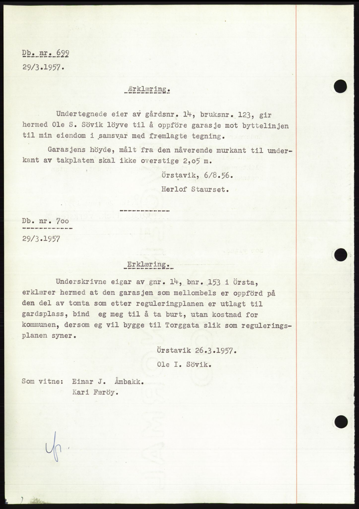 Søre Sunnmøre sorenskriveri, SAT/A-4122/1/2/2C/L0129: Pantebok nr. 17B, 1956-1957, Dagboknr: 699/1957