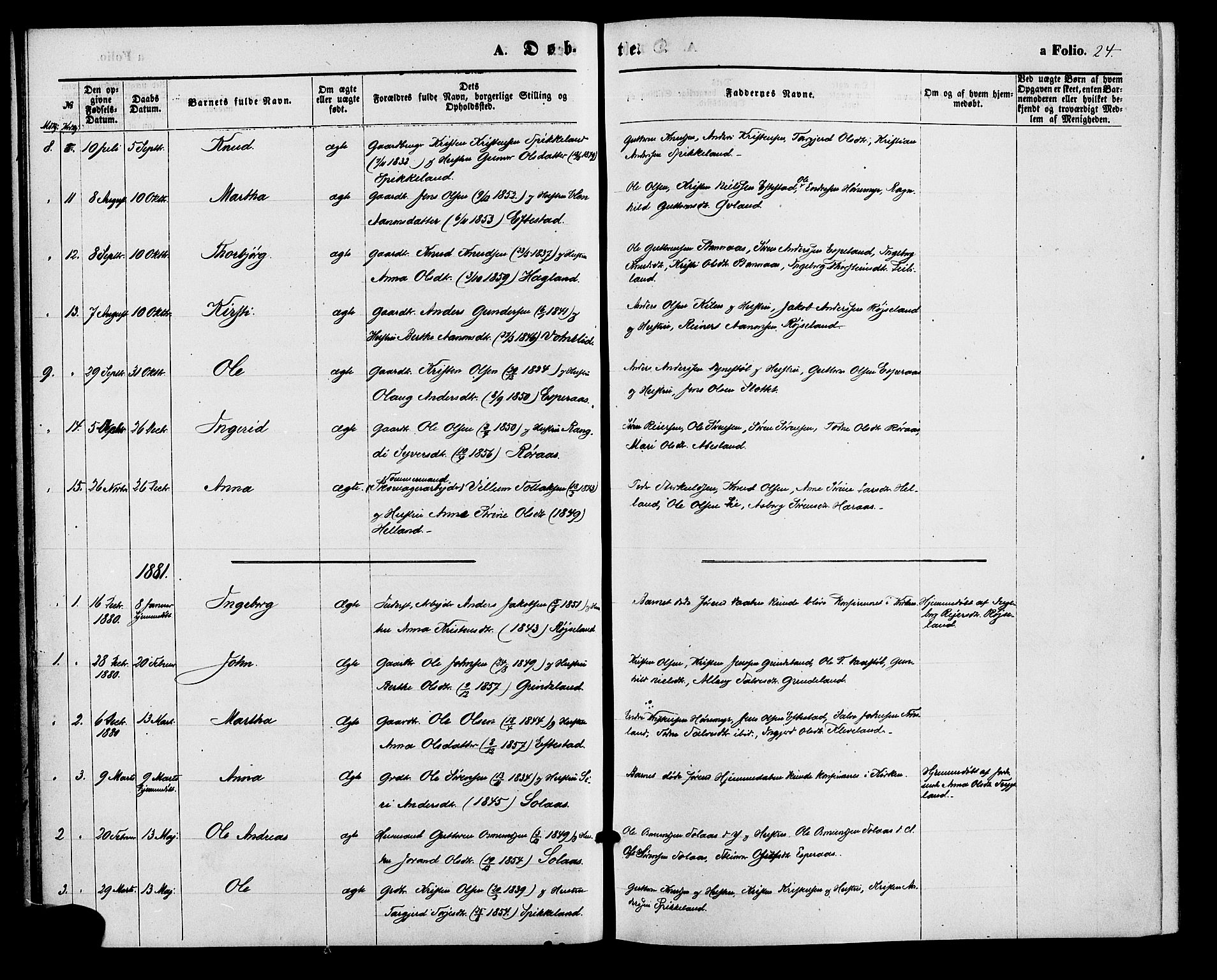 Bjelland sokneprestkontor, AV/SAK-1111-0005/F/Fa/Fab/L0003: Ministerialbok nr. A 3, 1870-1887, s. 24