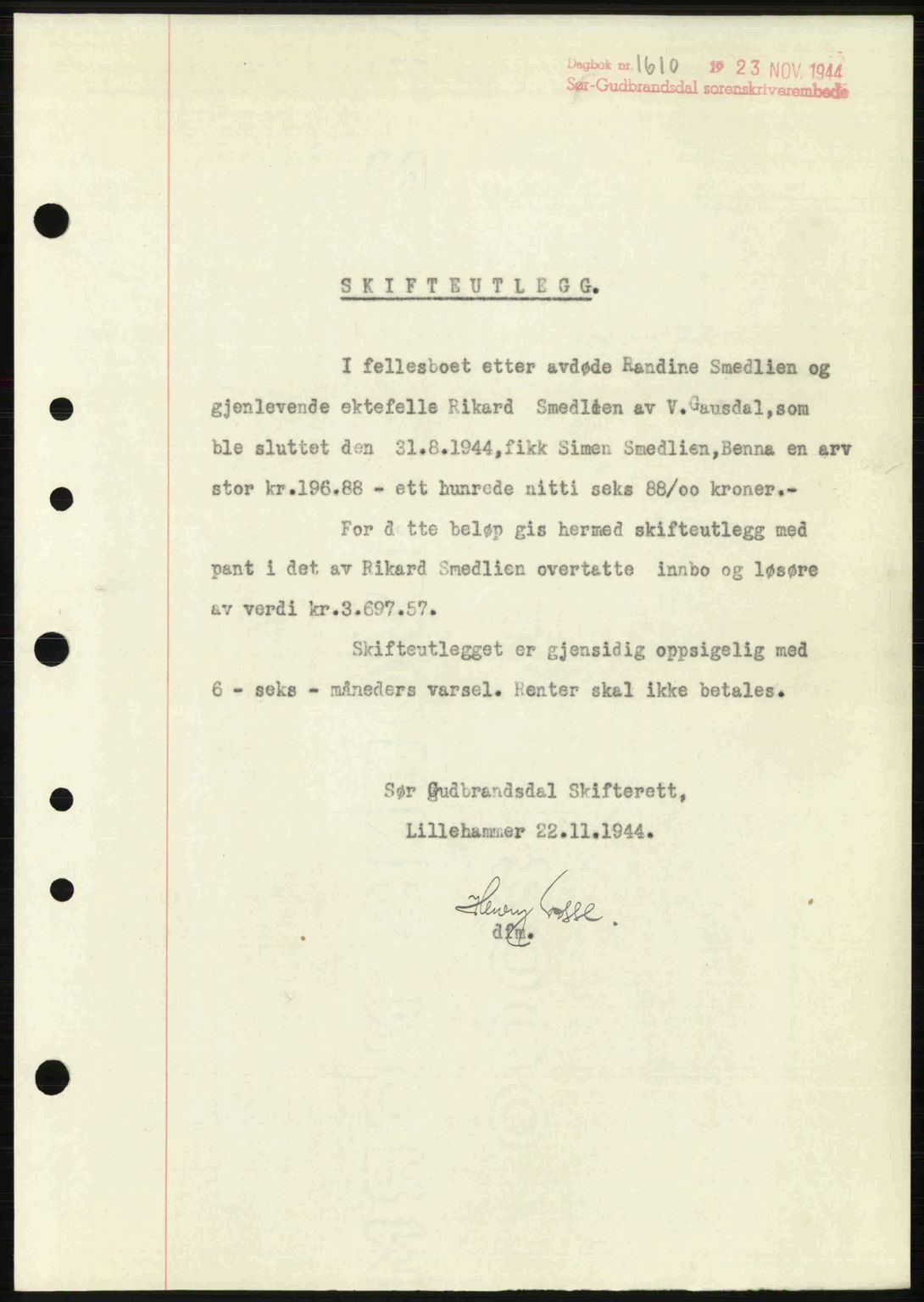 Sør-Gudbrandsdal tingrett, SAH/TING-004/H/Hb/Hbe/L0003: Pantebok nr. B3, 1943-1948, Dagboknr: 1610/1944