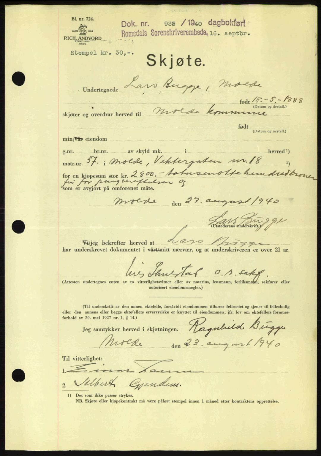 Romsdal sorenskriveri, AV/SAT-A-4149/1/2/2C: Pantebok nr. A8, 1939-1940, Dagboknr: 933/1940