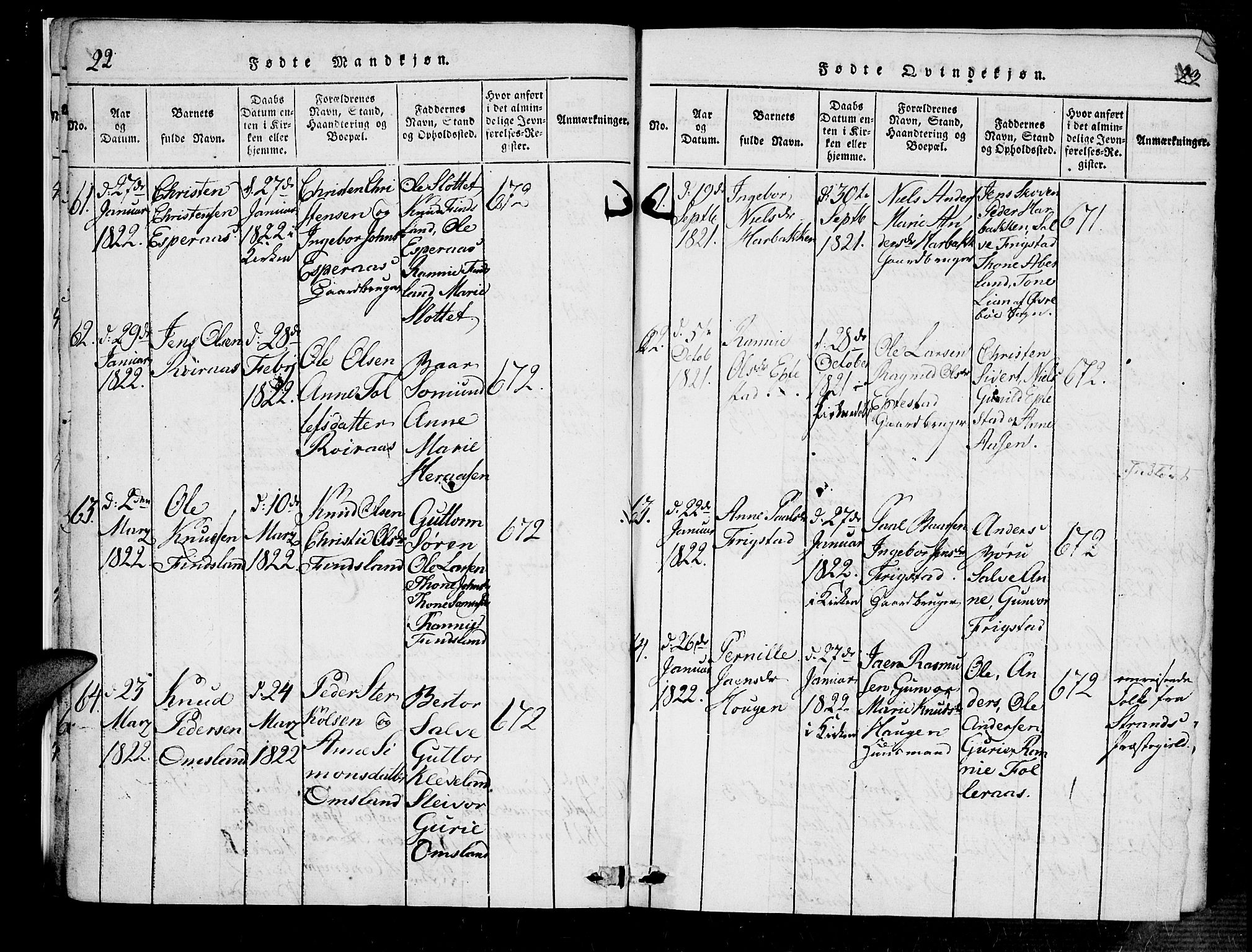 Bjelland sokneprestkontor, SAK/1111-0005/F/Fa/Fab/L0002: Ministerialbok nr. A 2, 1816-1869, s. 22-23