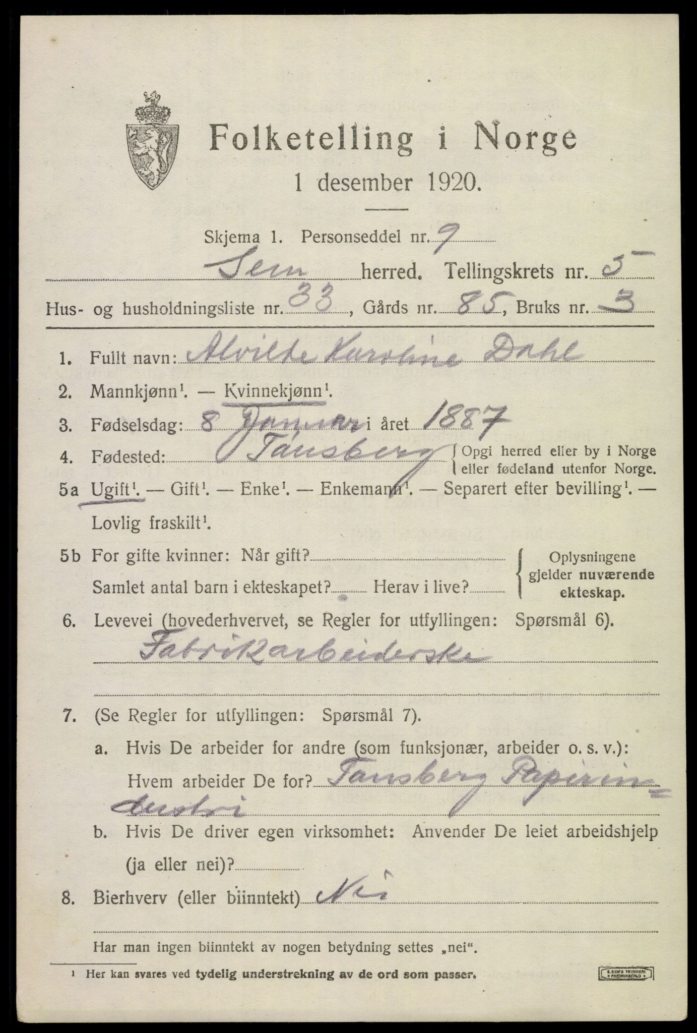 SAKO, Folketelling 1920 for 0721 Sem herred, 1920, s. 8171