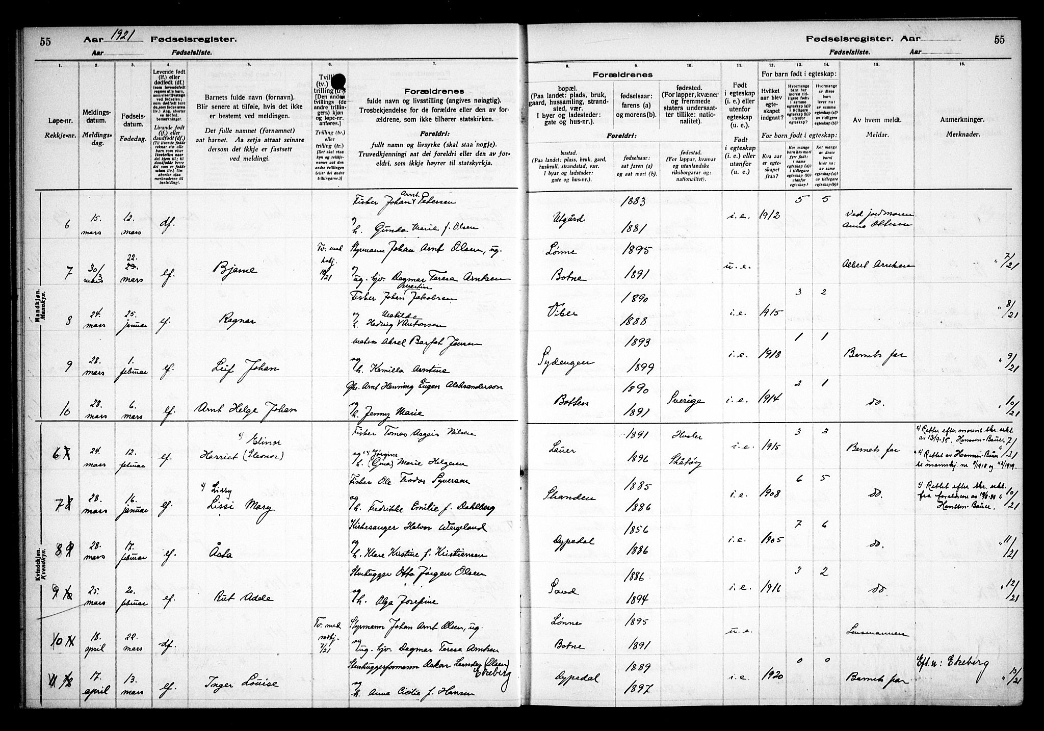 Hvaler prestekontor Kirkebøker, AV/SAO-A-2001/J/Ja/L0001: Fødselsregister nr. I 1, 1916-1938, s. 55