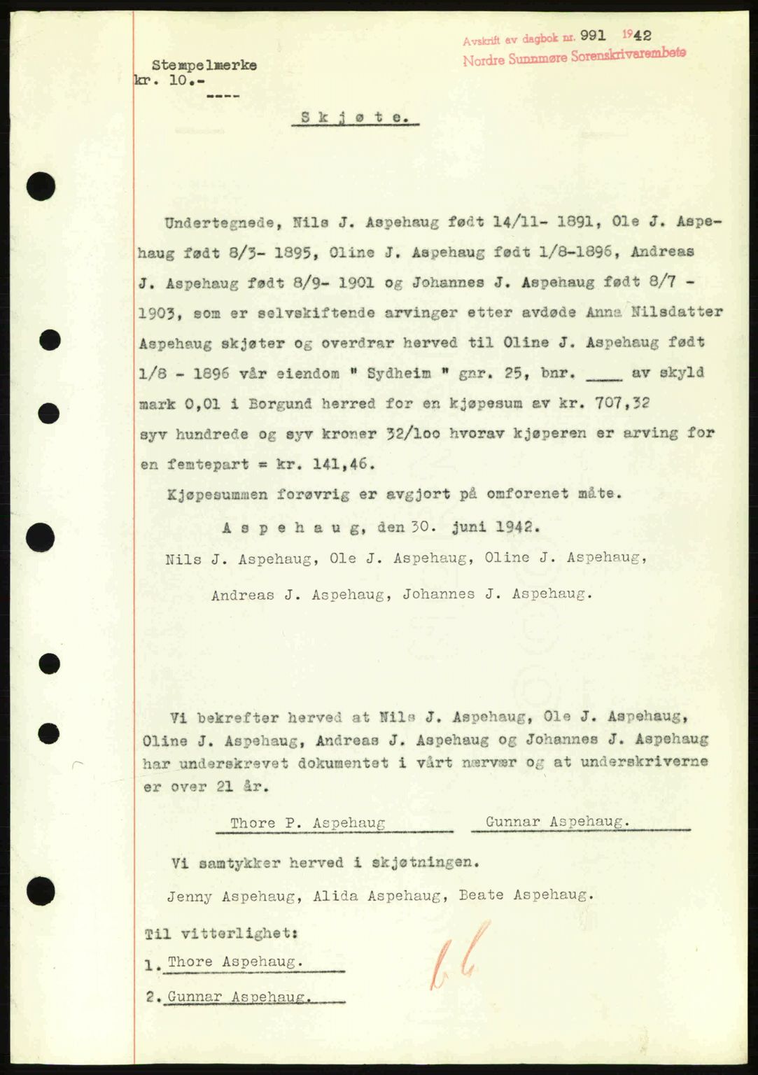 Nordre Sunnmøre sorenskriveri, SAT/A-0006/1/2/2C/2Ca: Pantebok nr. A13, 1942-1942, Dagboknr: 991/1942