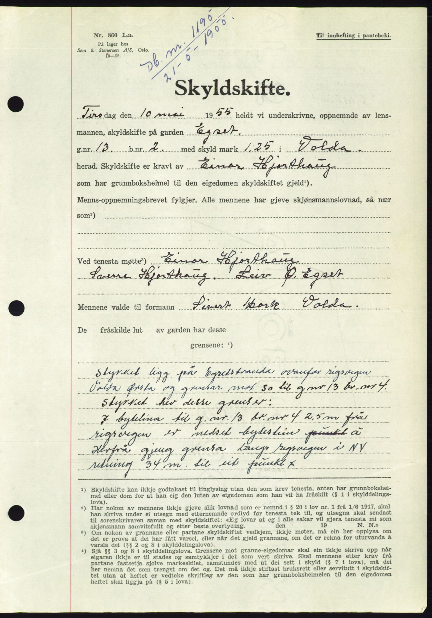 Søre Sunnmøre sorenskriveri, AV/SAT-A-4122/1/2/2C/L0101: Pantebok nr. 27A, 1955-1955, Dagboknr: 1195/1955