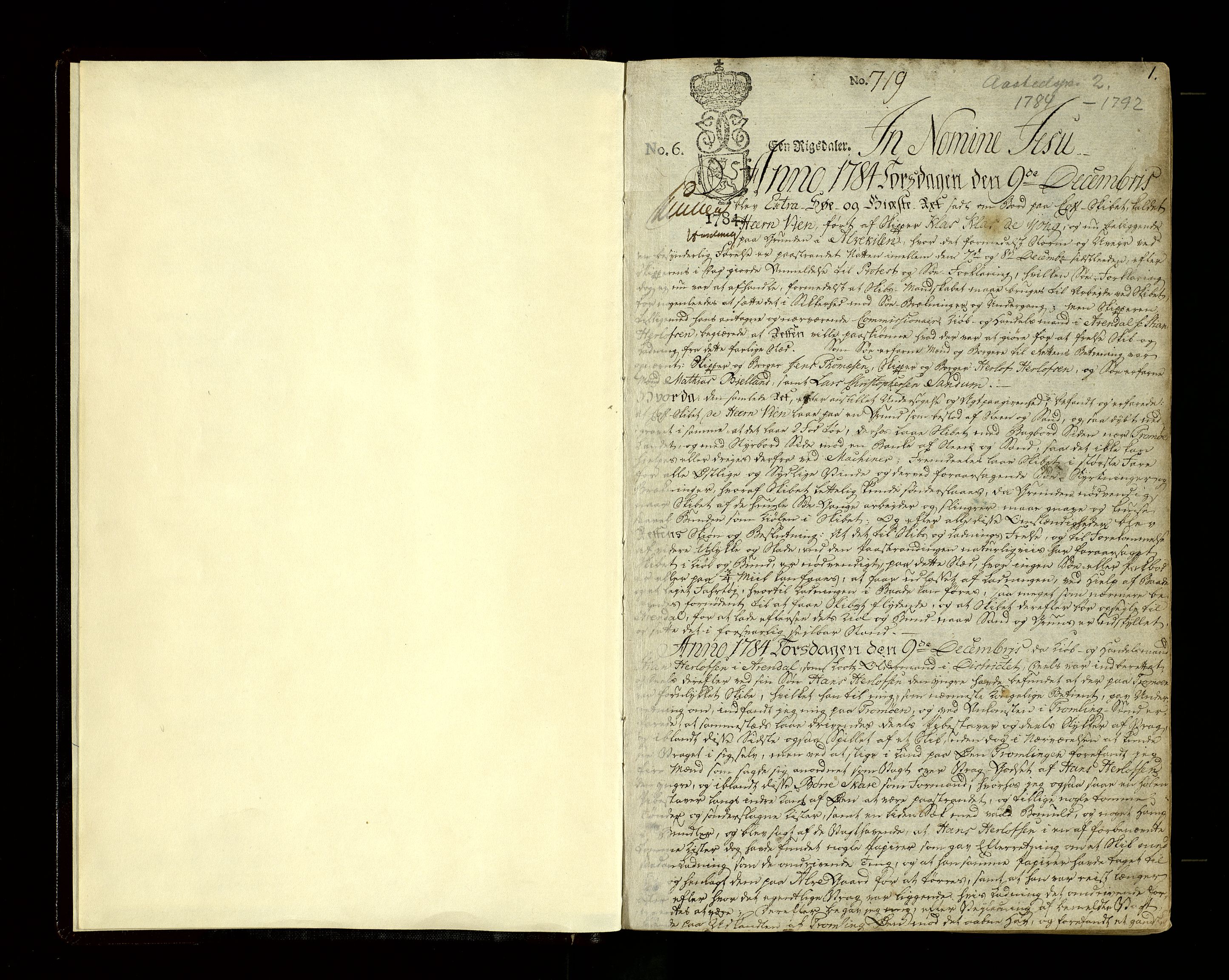 Nedenes sorenskriveri før 1824, SAK/1221-0007/F/Fb/L0002: Ekstrarettsprotokoll med register nr 2, 1784-1792, s. 1