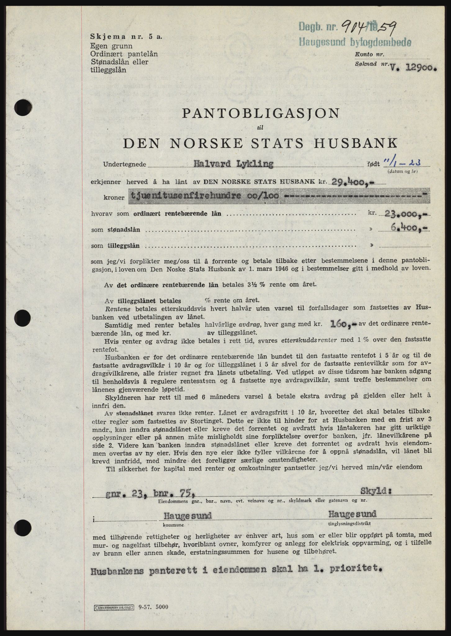 Haugesund tingrett, SAST/A-101415/01/II/IIC/L0045: Pantebok nr. B 45, 1959-1959, Dagboknr: 904/1959